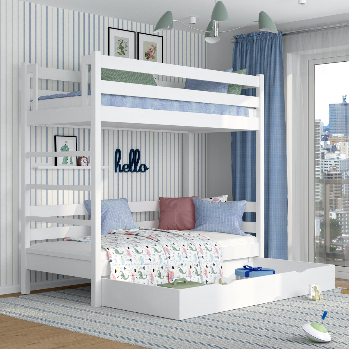 Lit superposé avec tiroir en bois blanc – chambre d'enfant, bois massif, scandinave