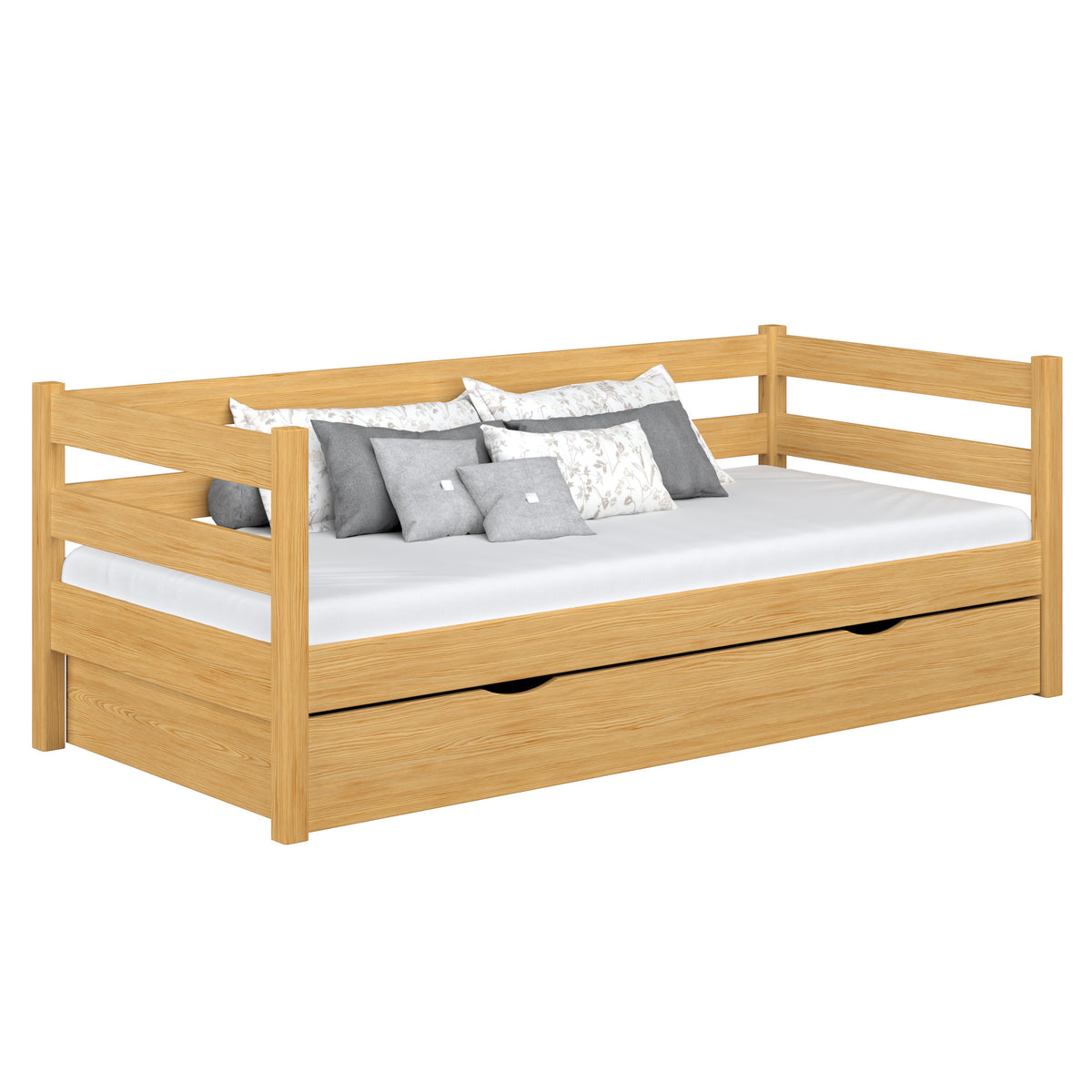 Sofa-lit avec tiroir en bois pin naturel – chambre d'enfant, style scandinave Nizio