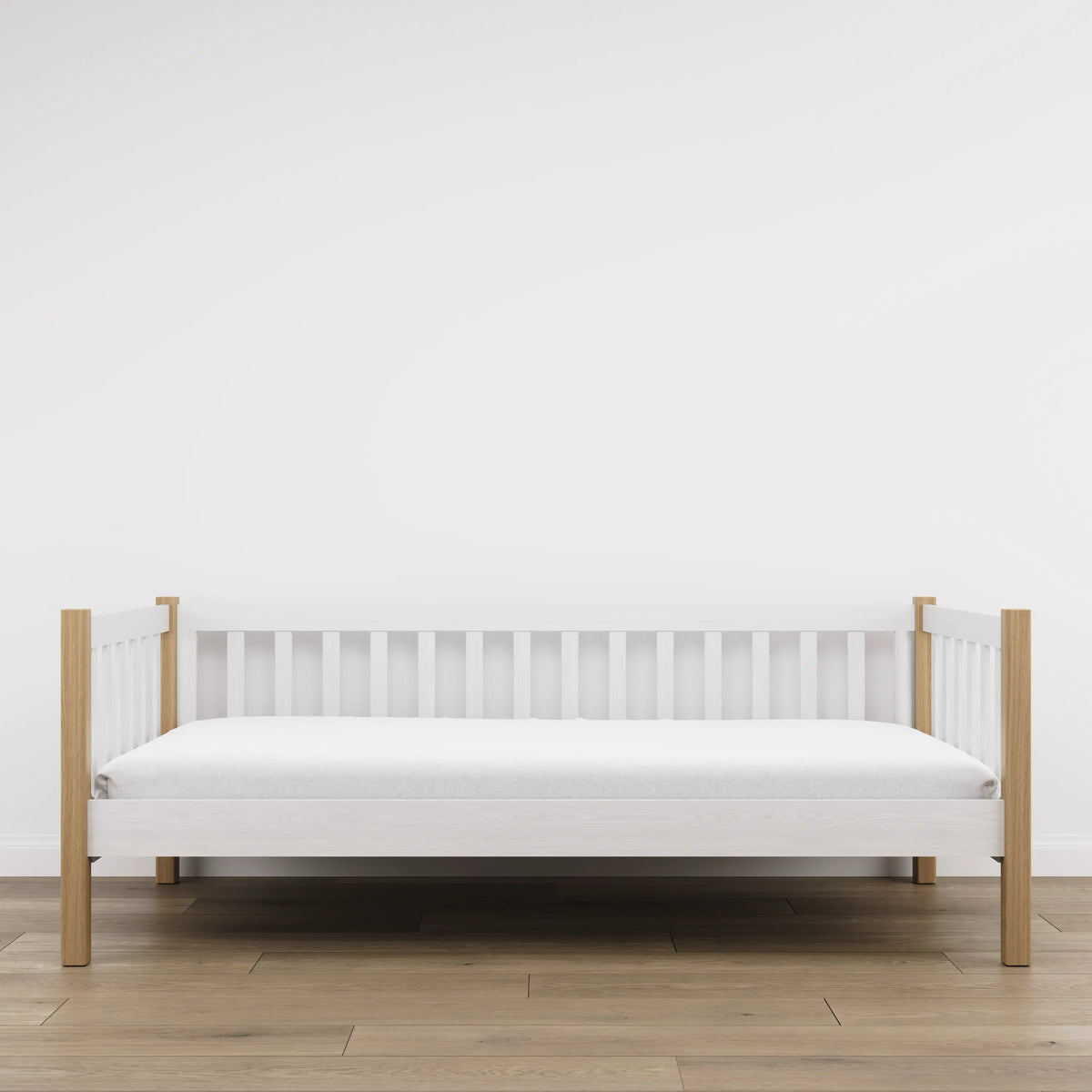 Sofa-lit en bois blanc avec chêne – vue de côté, forme et proportions du meuble