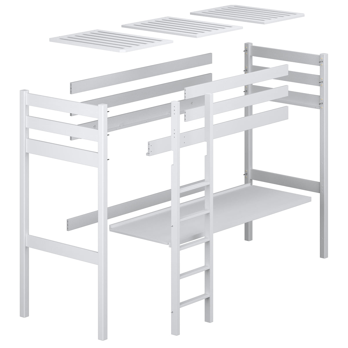 Lit mezzanine blanc avec bureau – plateau i assemblages en bois, gros plan