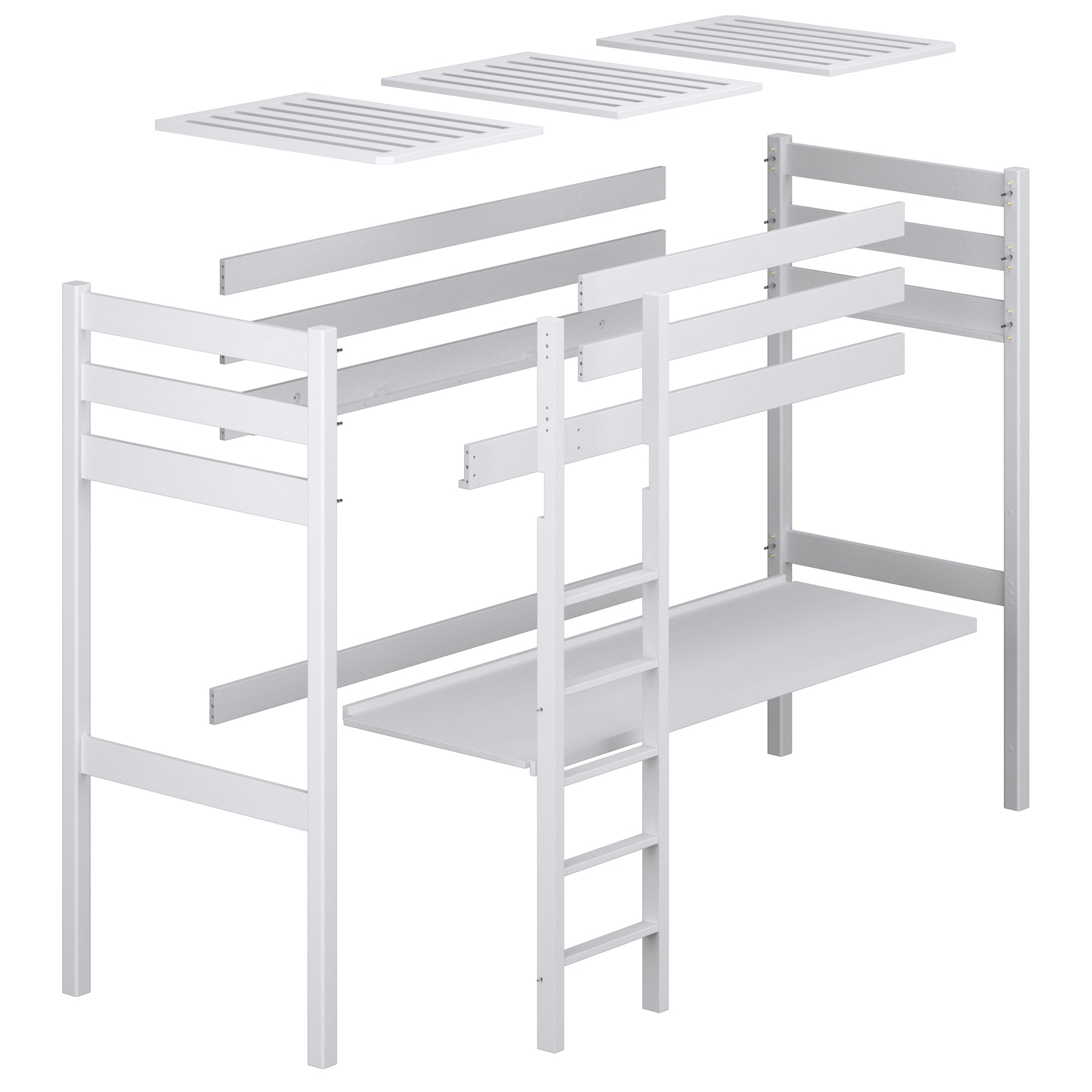 Lit mezzanine blanc avec bureau – plateau i assemblages en bois, gros plan