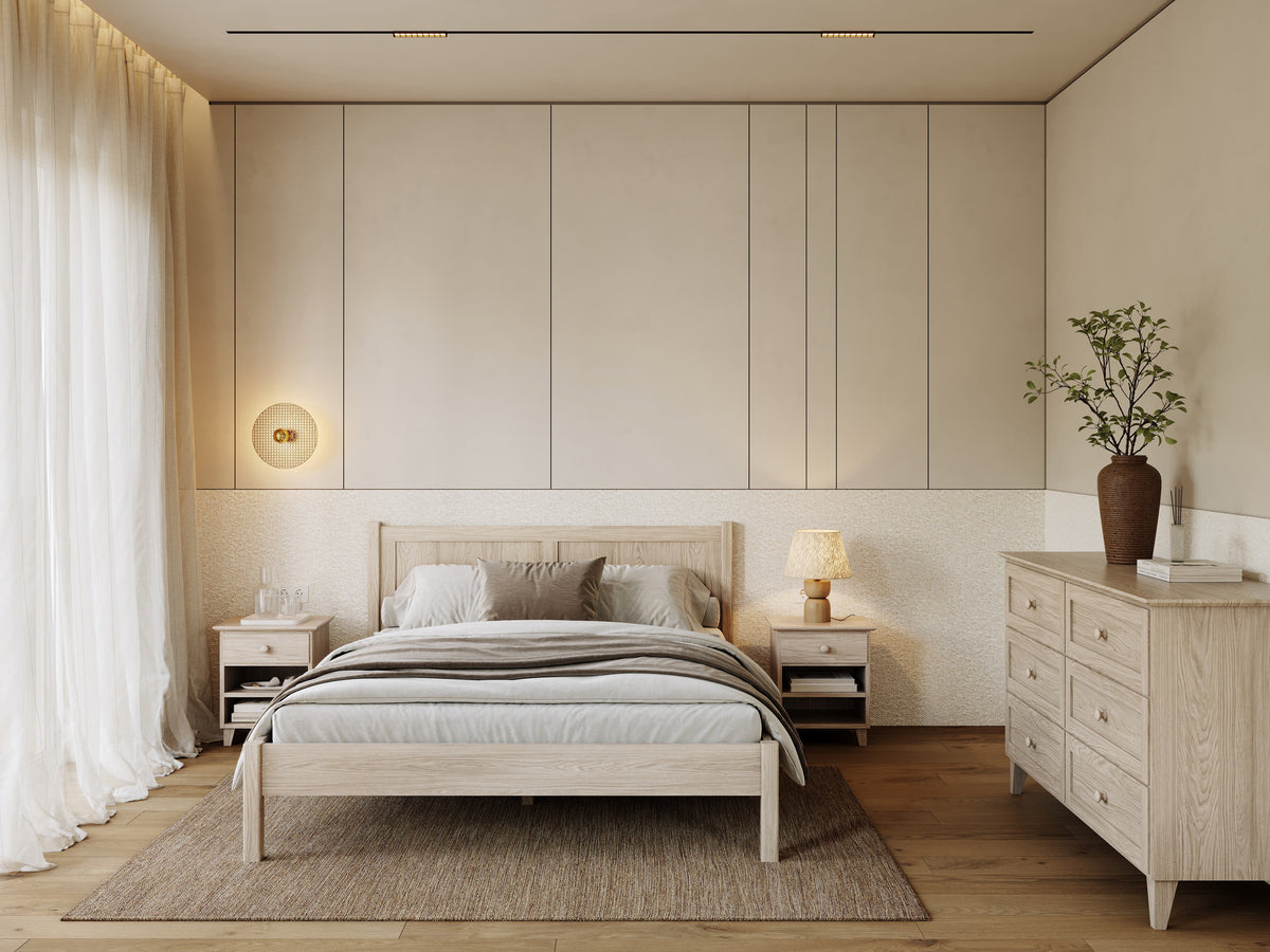Lit double en chêne chêne blanchi – vue de côté, proportions et forme, chambre