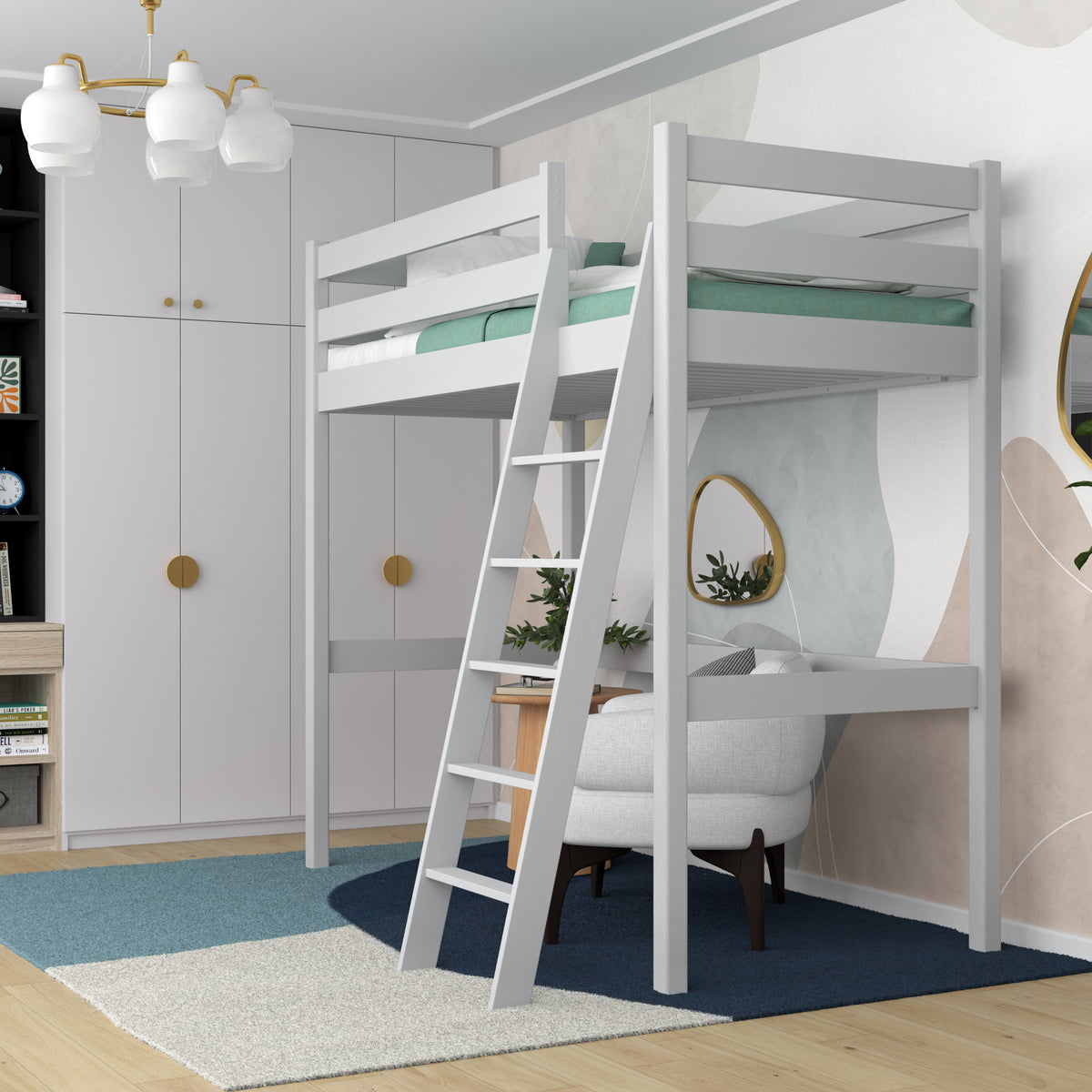 Lit mezzanine en bois gris – espace libre sous la chambre, Nizio
