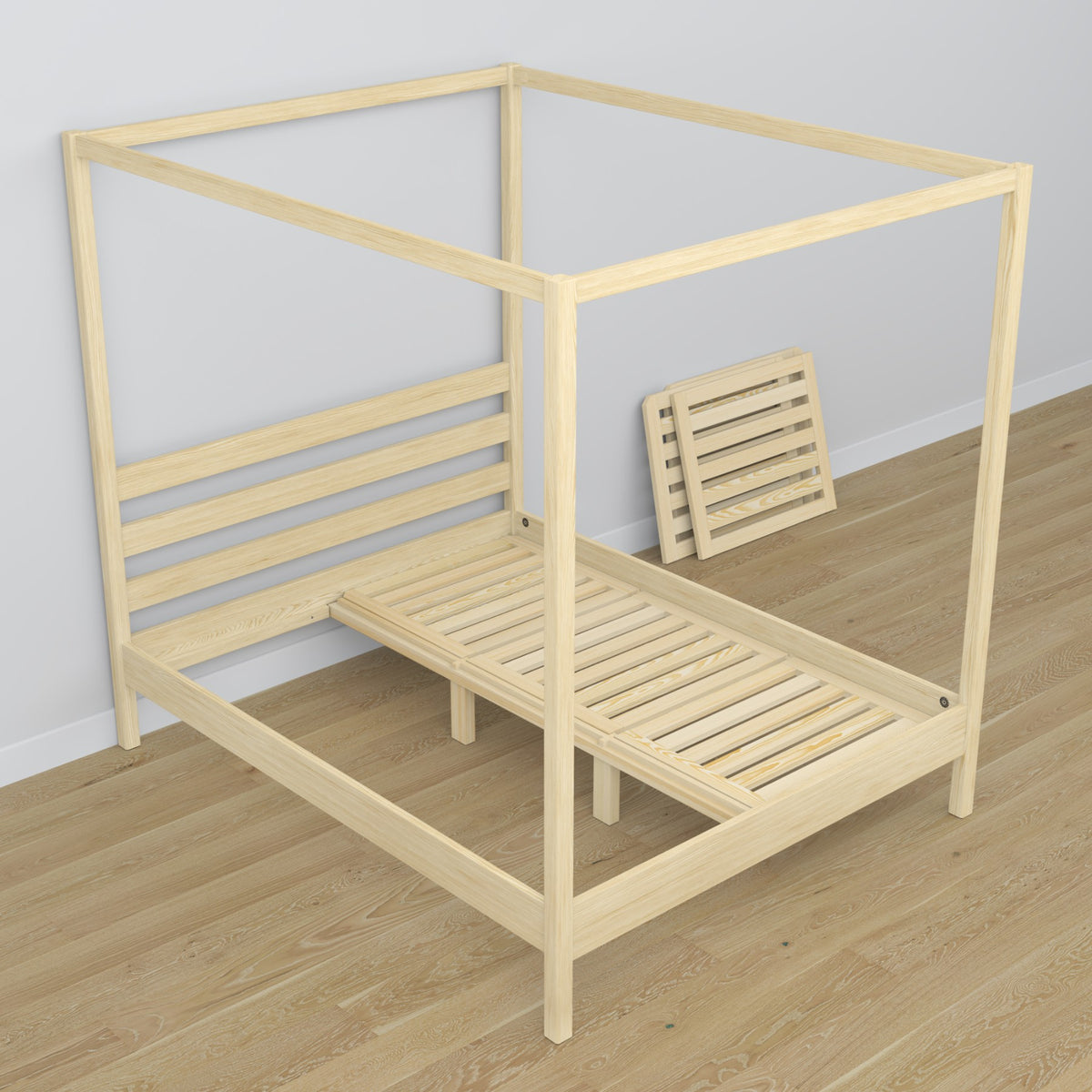 Lit à baldaquin pin incolore en bois – vue de côté, style scandinave