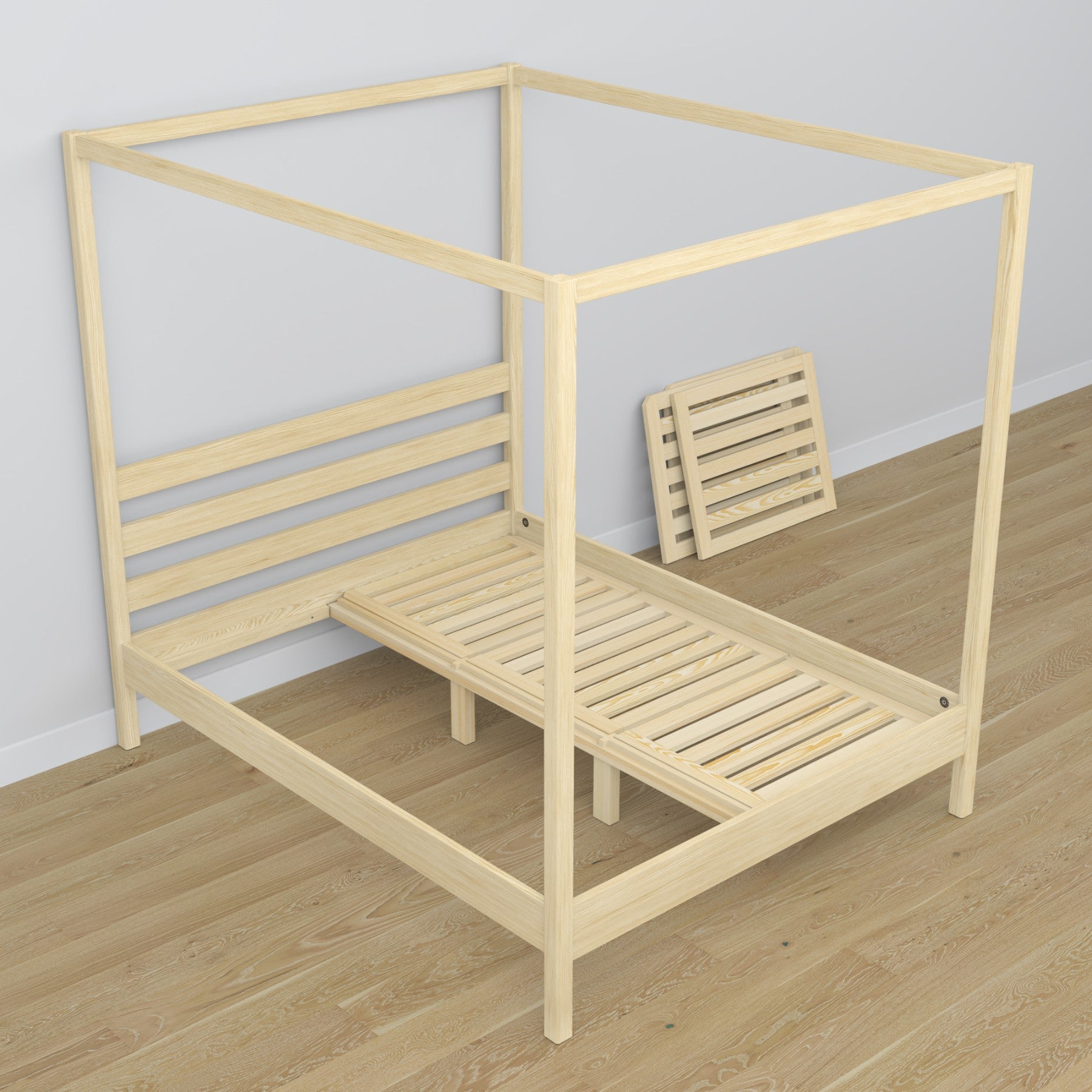Lit à baldaquin pin incolore en bois – vue de côté, style scandinave