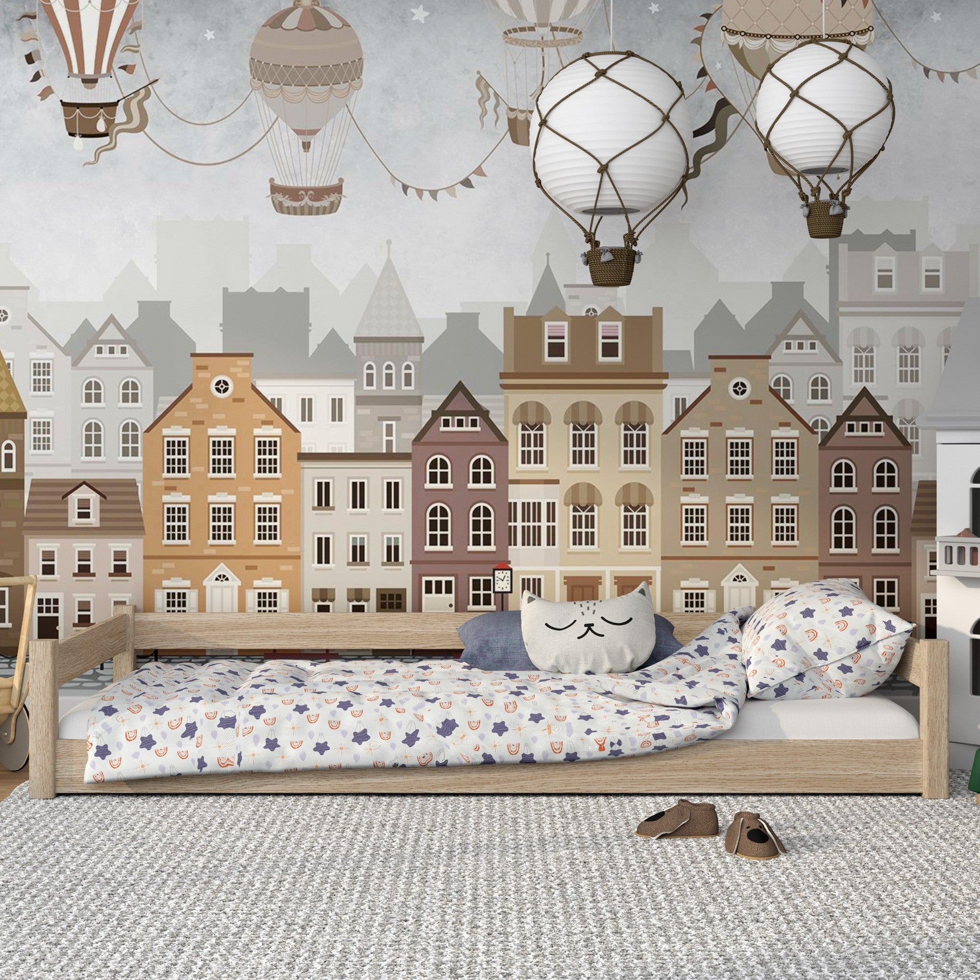 Lit bas en chêne chêne blanchi – niska rama, vue de côté, chambre scandinave