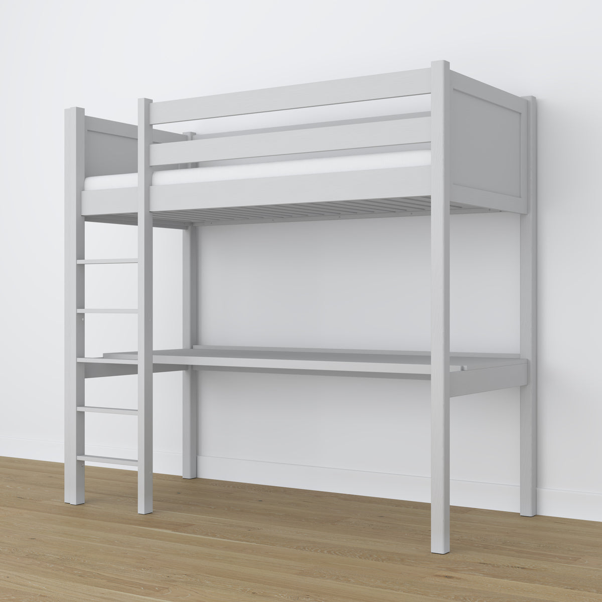 Lit mezzanine avec bureau en bois gris – échelle i barrière ochronna