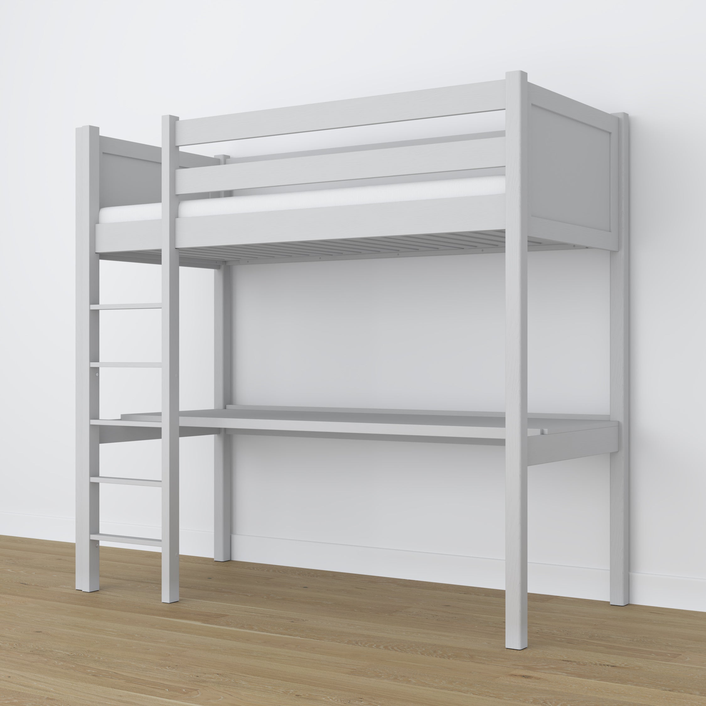 Lit mezzanine avec bureau en bois gris – échelle i barrière ochronna