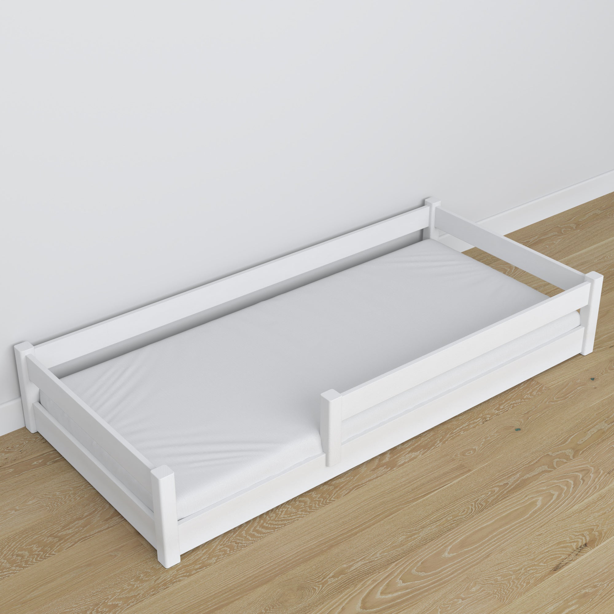 Lit bas blanc w chambre – décoration scandinave, en bois