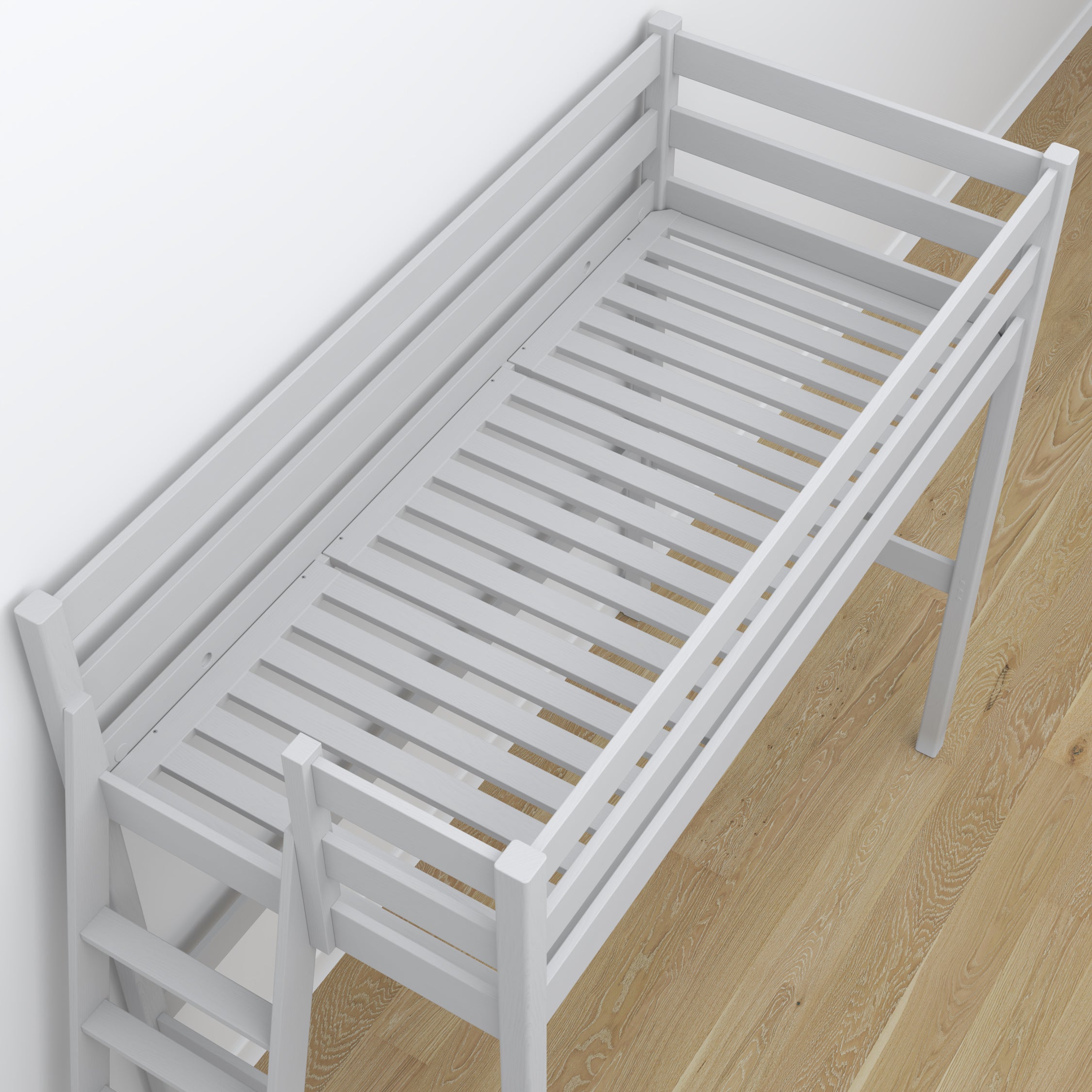 Lit mezzanine en bois gris – détails des assemblages et de l'échelle, Nizio Home