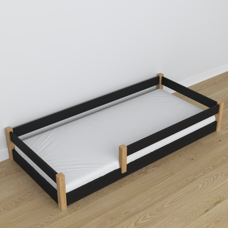 Lit bas noir-chêne w chambre – décoration scandinave, en bois