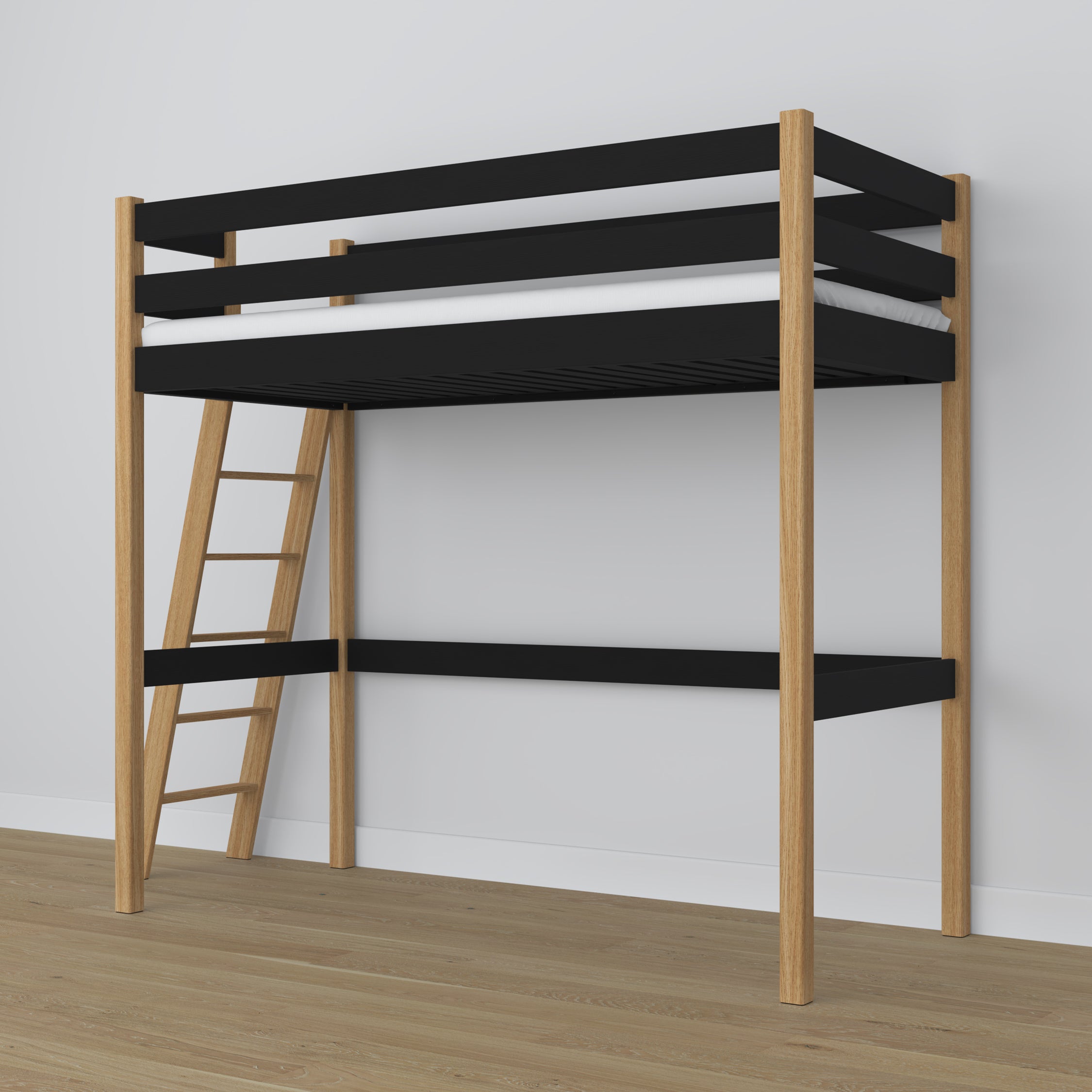 Lit mezzanine noir-chêne en bois – vue du dessus na chambre
