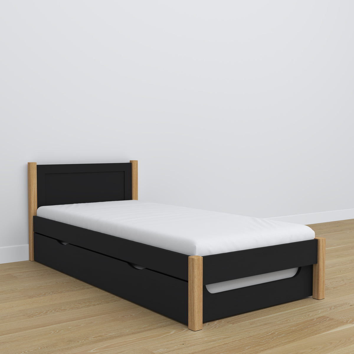 Lit avec tiroir pour matelas en bois noir-chêne – décoration de chambre d'enfant