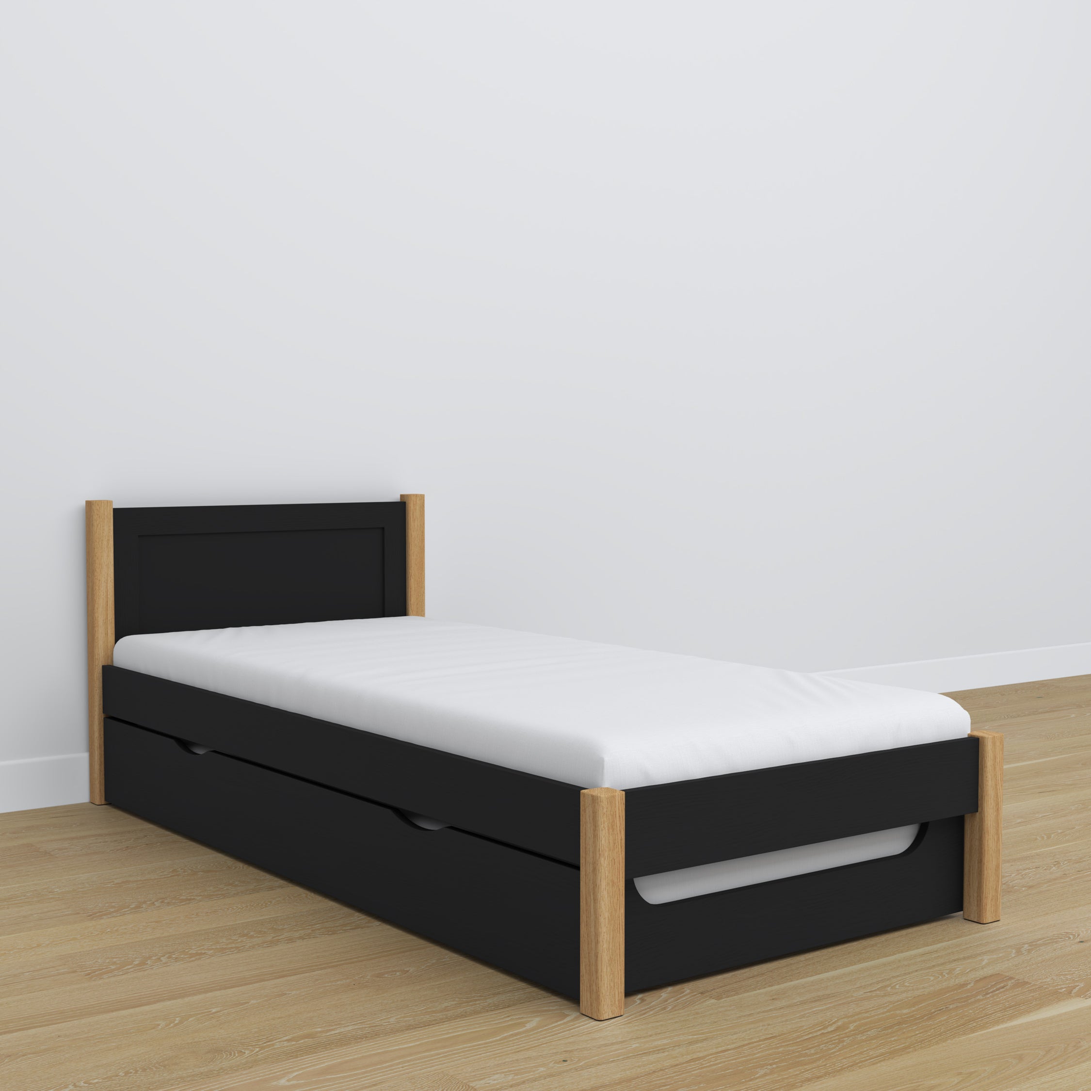 Lit avec tiroir pour matelas en bois noir-chêne – décoration de chambre d'enfant