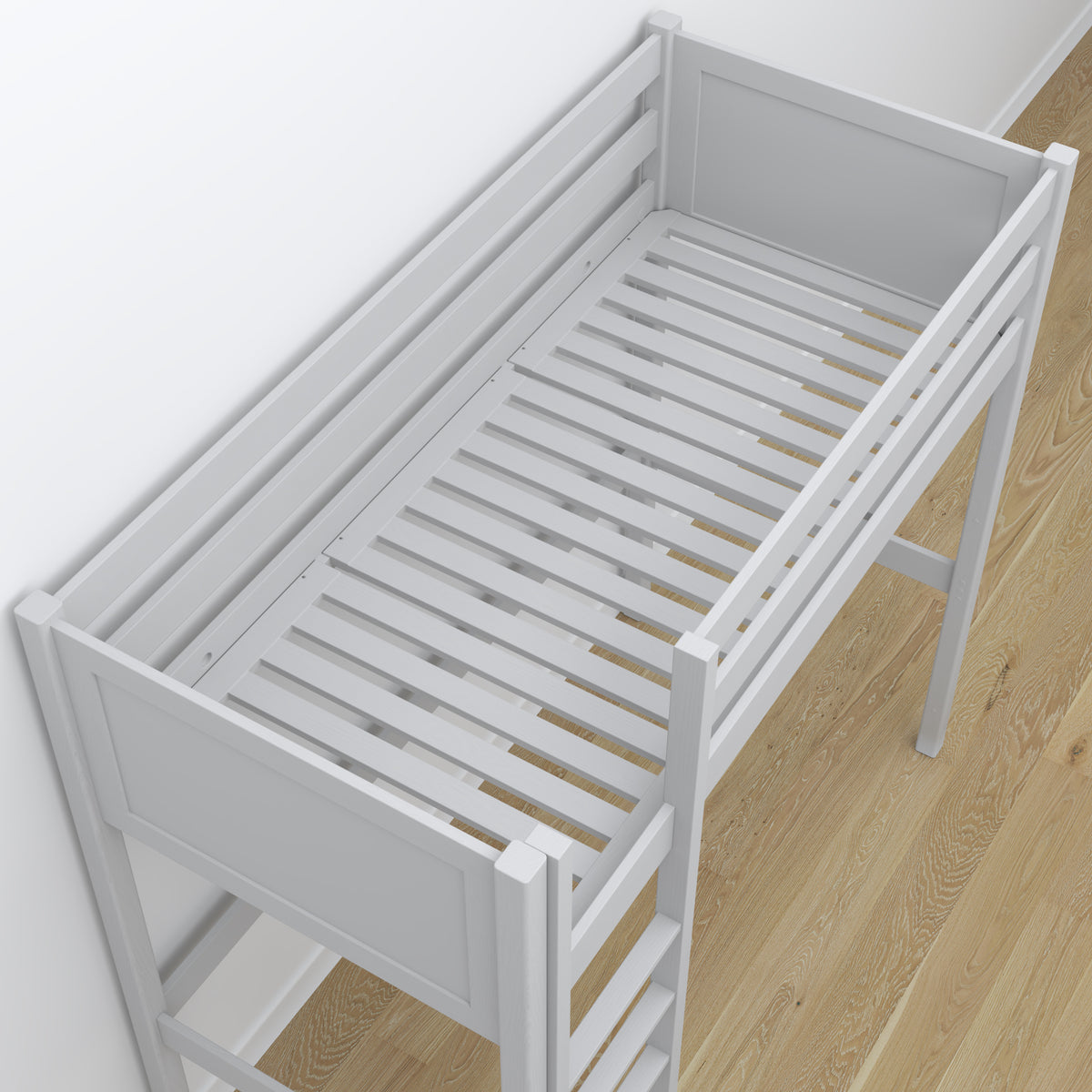 Lit mezzanine gris – bureau en bois pod chambre, chambre d'enfant scandinave