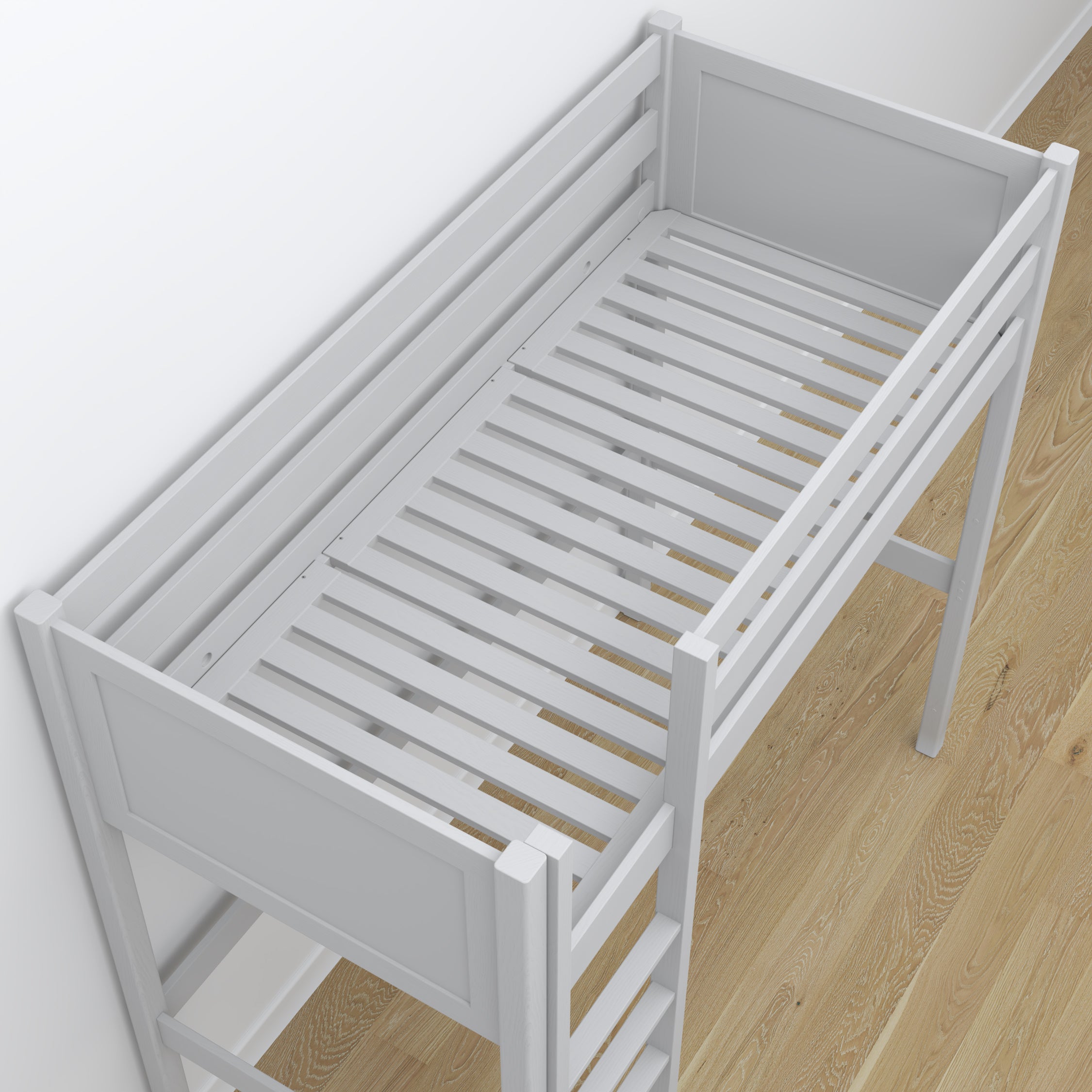 Lit mezzanine gris – bureau en bois pod chambre, chambre d'enfant scandinave