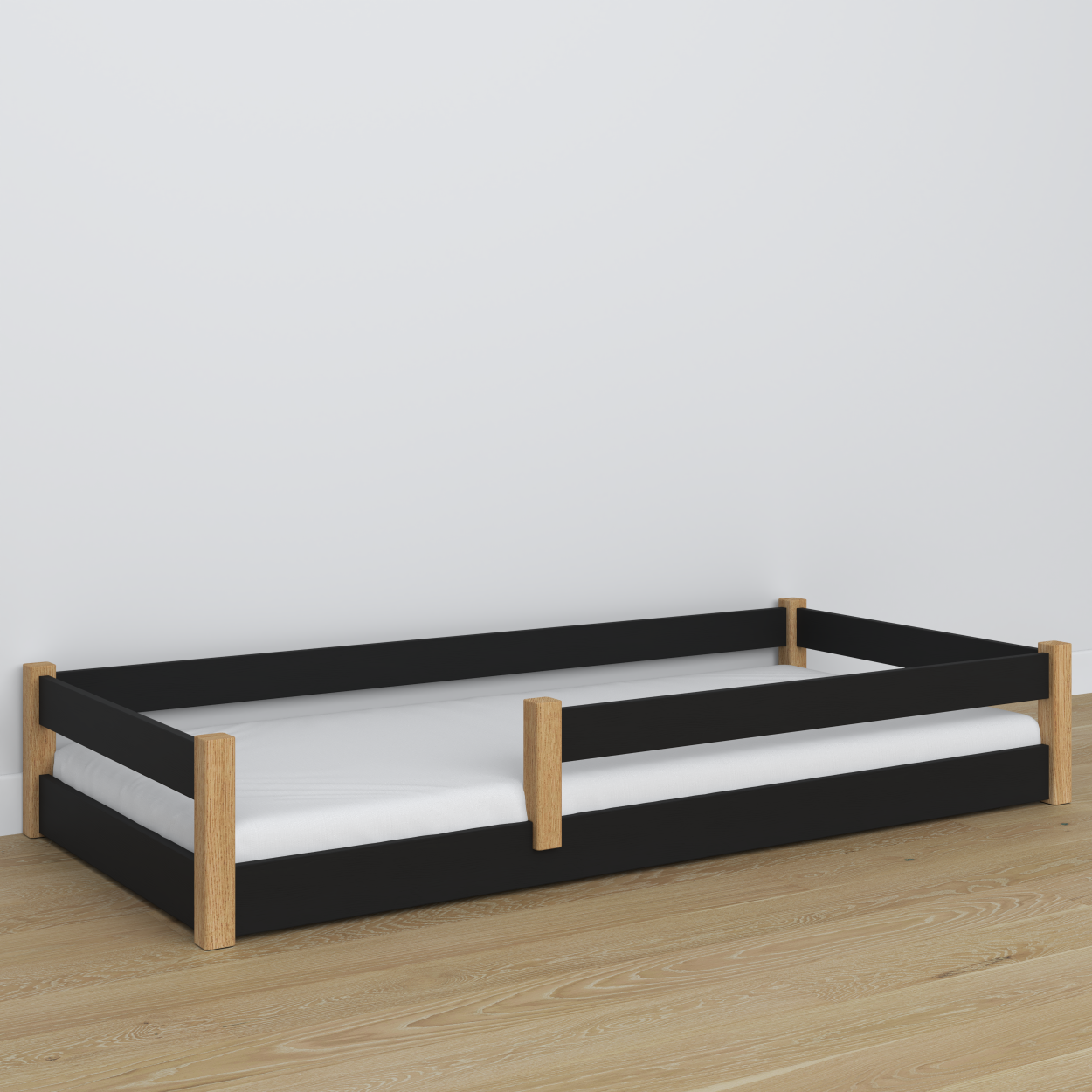 Lit bas en bois noir-chêne – détails des assemblages, Nizio Home