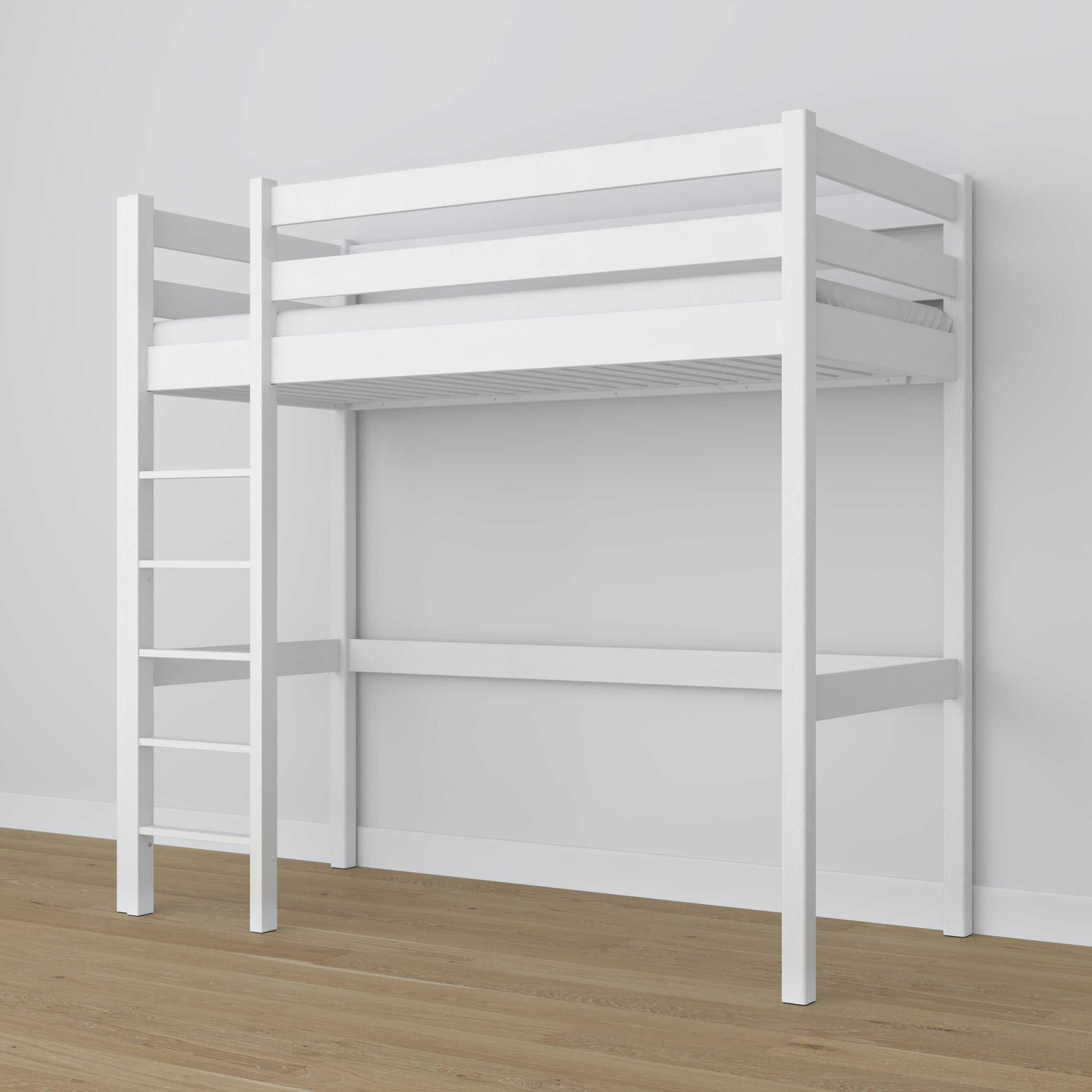Lit mezzanine en bois blanc – sommier à lattes, vue de côté