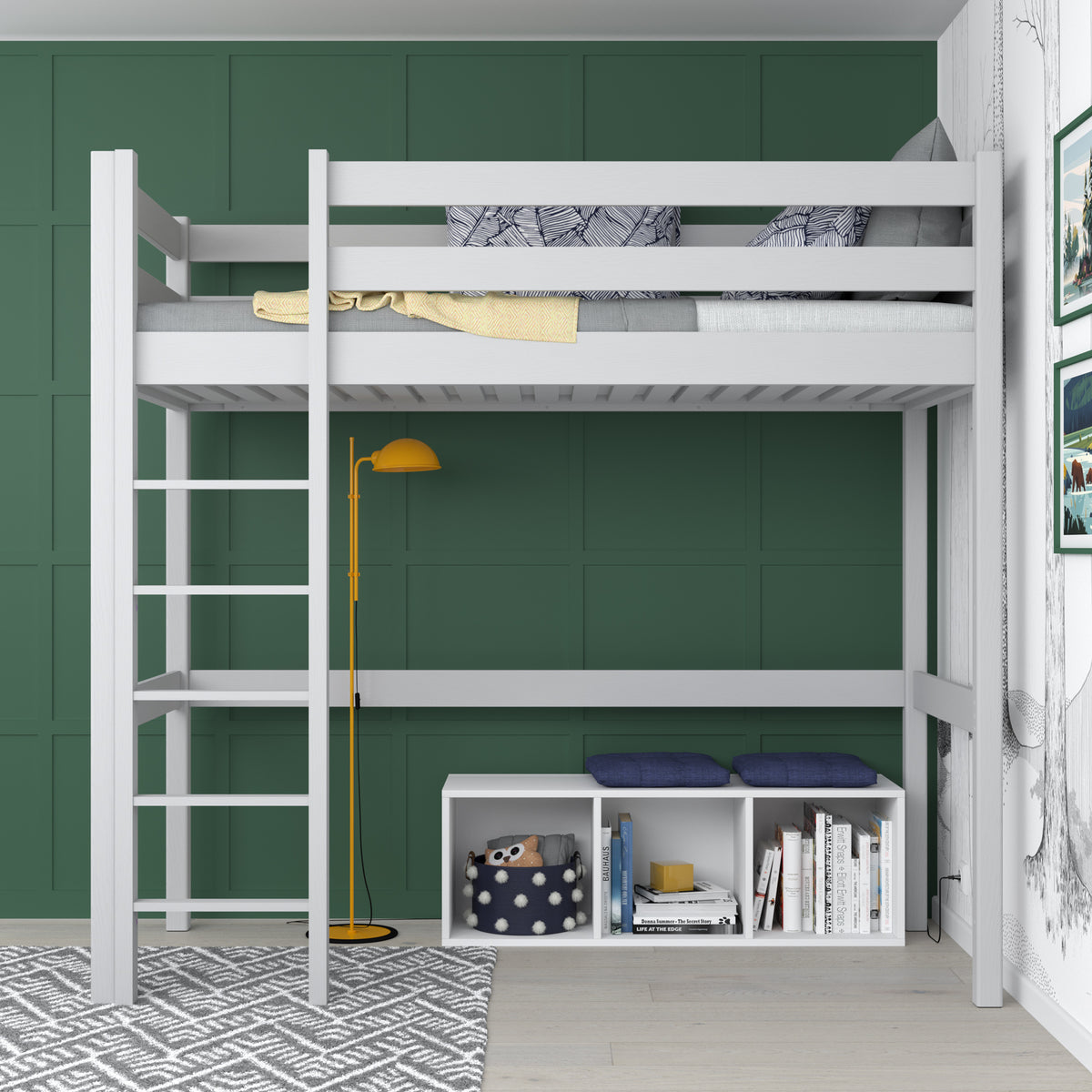 Lit mezzanine gris – échelle i barrière en bois, Nizio Home