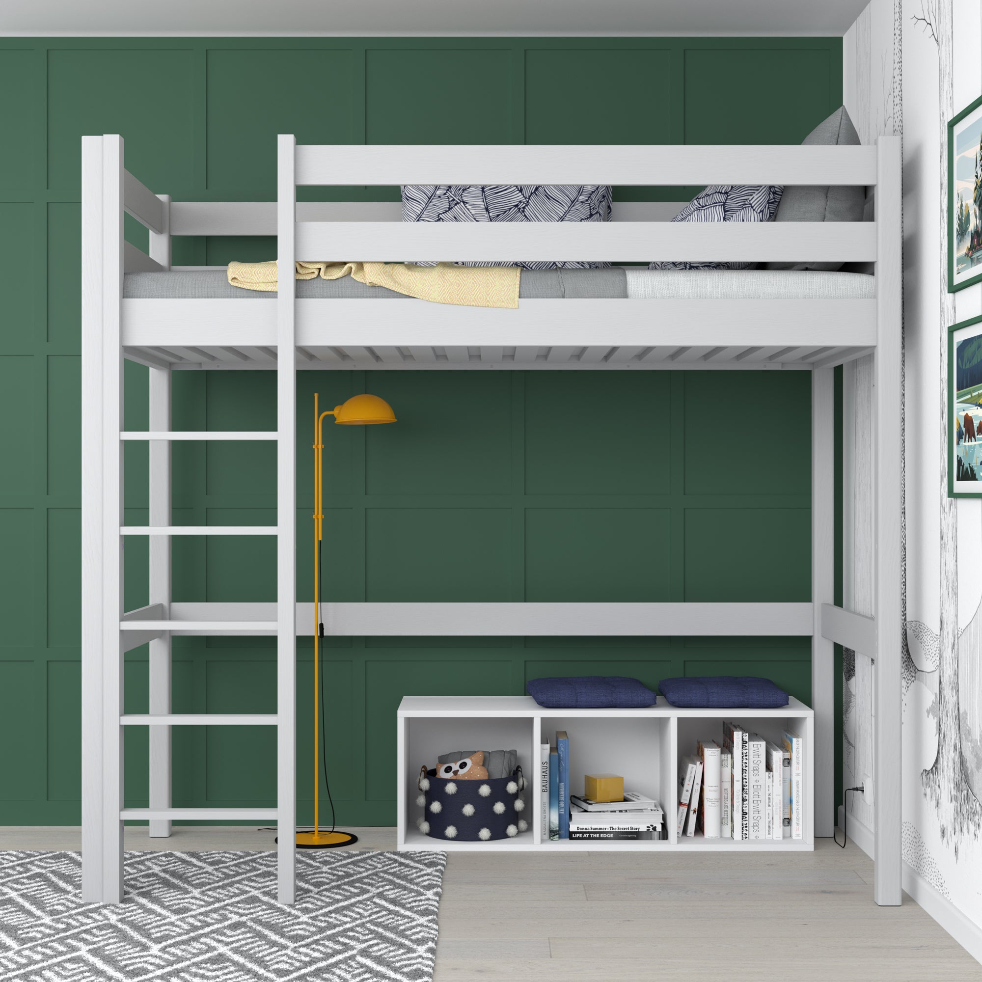 Lit mezzanine gris – échelle i barrière en bois, Nizio Home