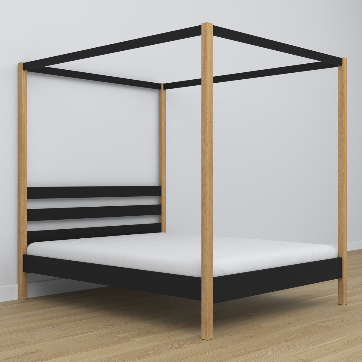 Lit double noir-chêne avec baldaquin – cadre décoratif en bois, scandinave