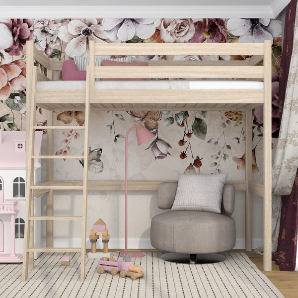 Loft bed bleached oak – oak ladder and safety rail, Nizio Home