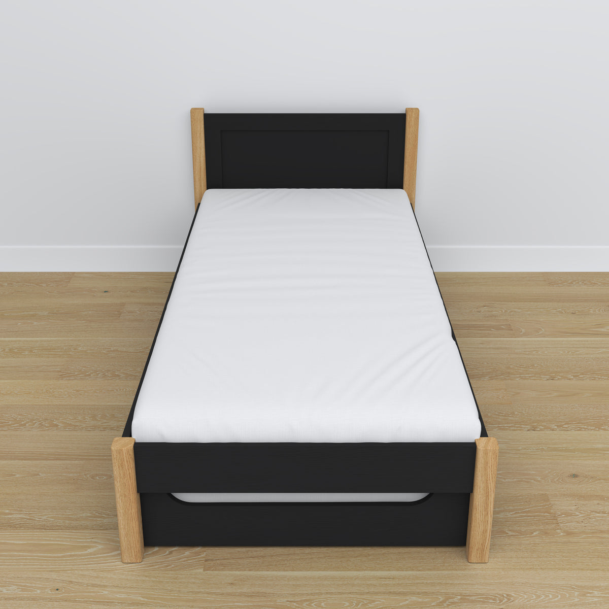 Lit noir-chêne – tiroir na matelas, détails en bois, Nizio Home