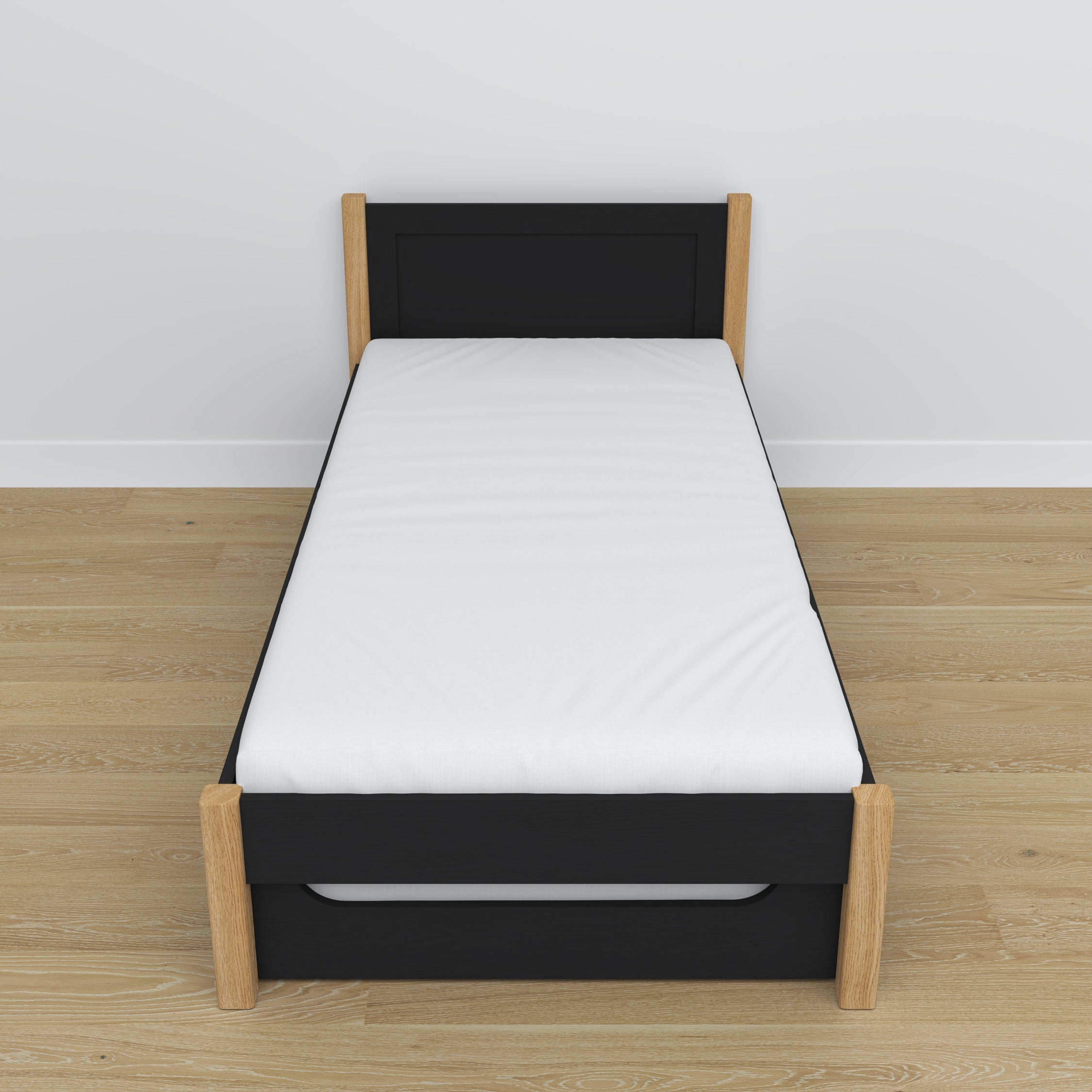 Lit noir-chêne – tiroir na matelas, détails en bois, Nizio Home