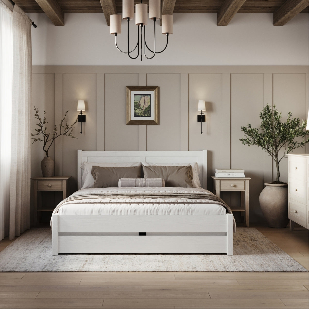Lit double blanc z tiroir – tête de lit en bois, gros plan