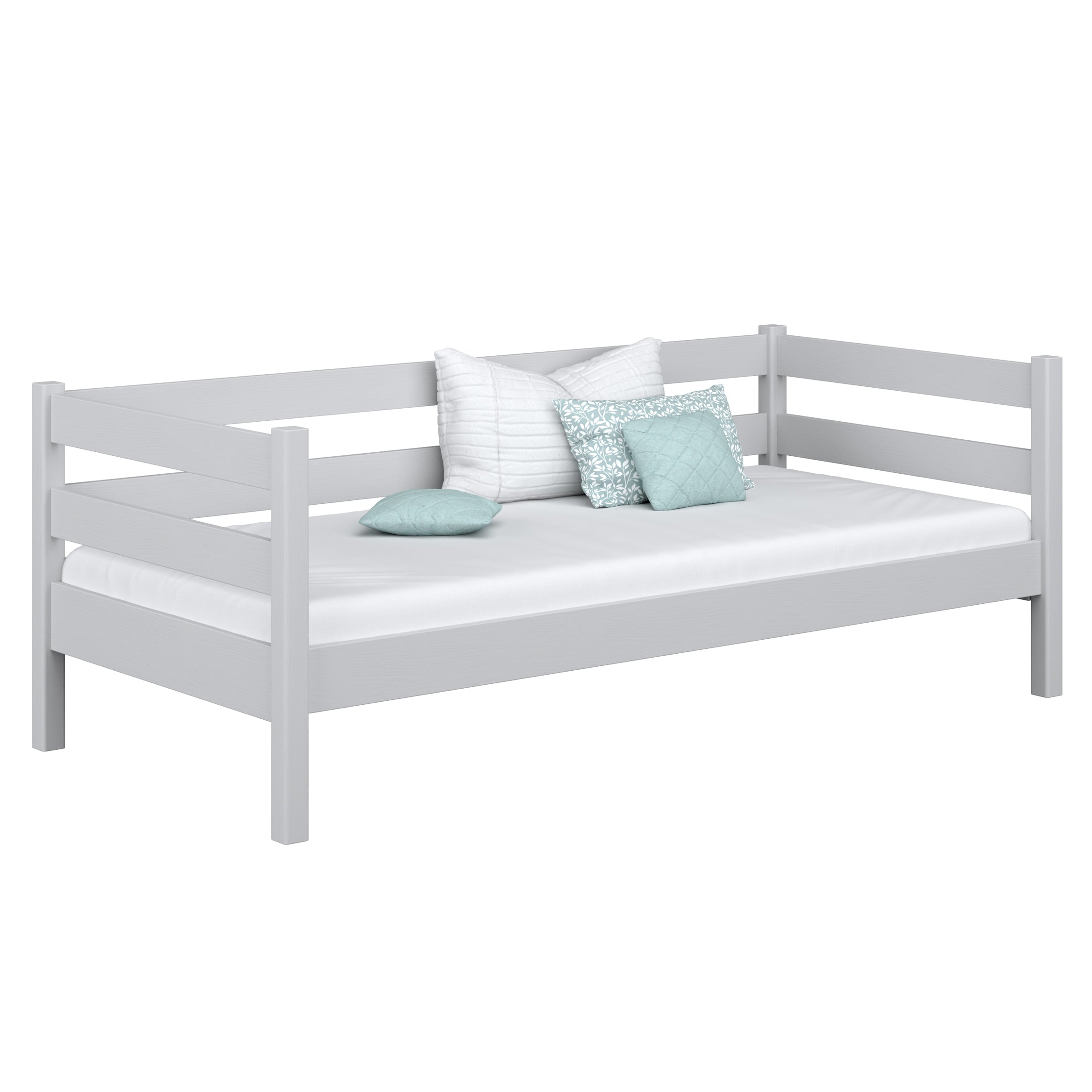 Sofa-lit gris – barrière latérale en bois, sécurité pour les enfants