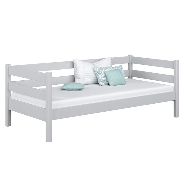 Sofa-lit gris – barrière latérale en bois, sécurité pour les enfants