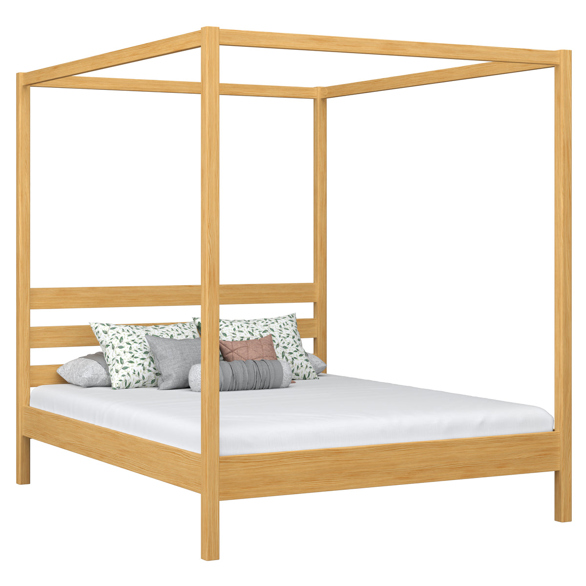 En bois lit double à baldaquin N01 pin naturel – vue générale, bois massif en pin