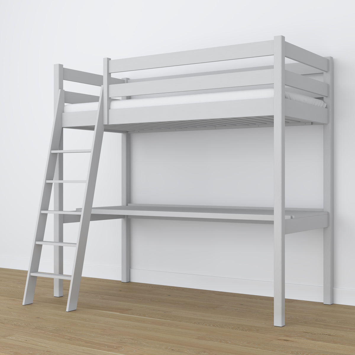 Lit mezzanine en bois gris avec bureau – sommier i lattes, Nizio