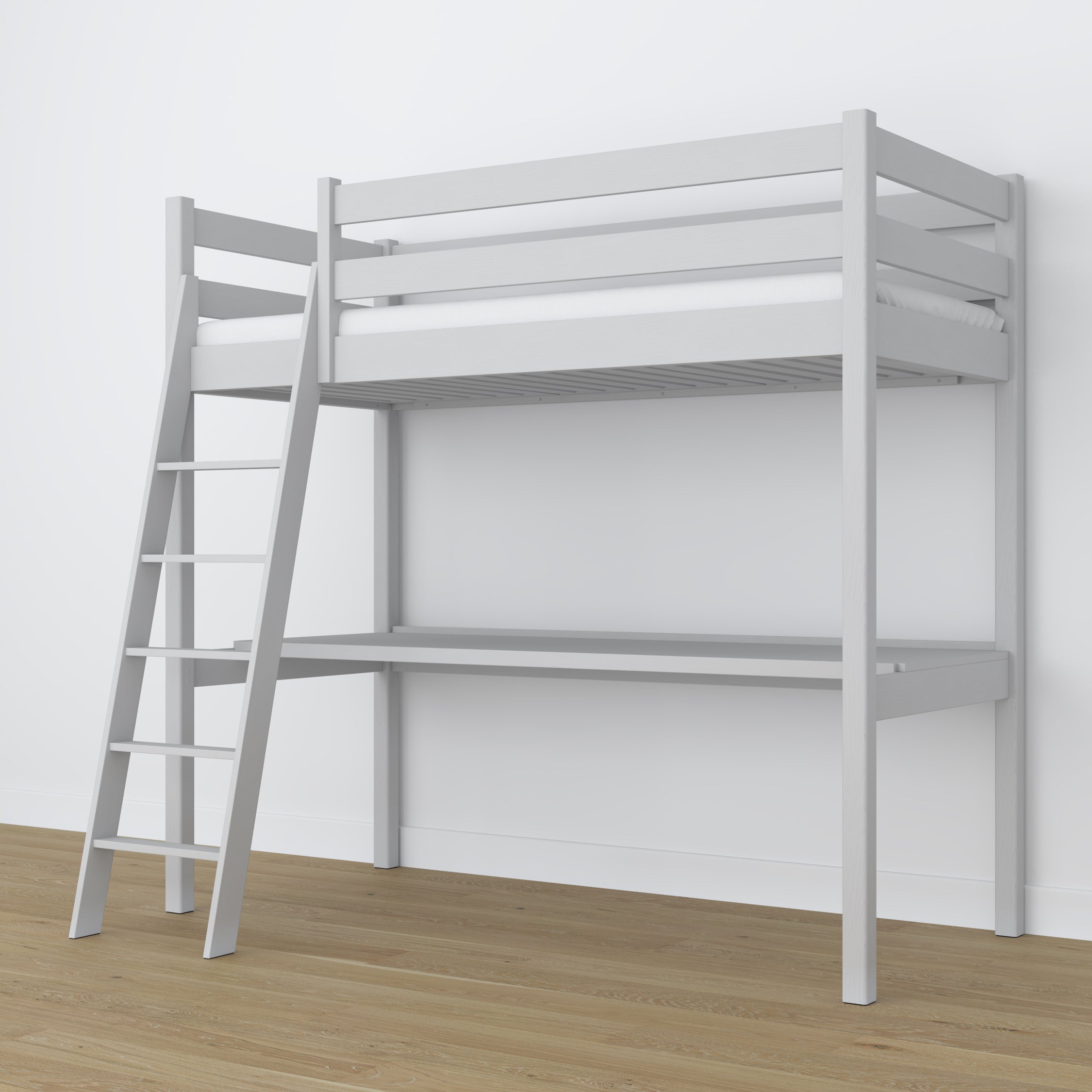 Lit mezzanine en bois gris avec bureau – sommier i lattes, Nizio