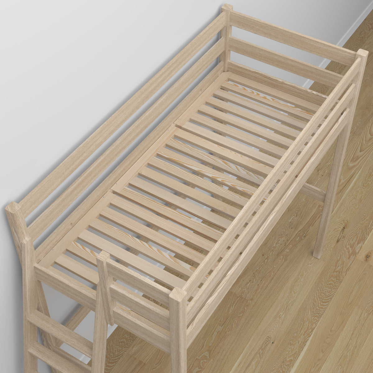 Lit mezzanine en chêne chêne blanchi – détails des assemblages et de l'échelle, Nizio Home