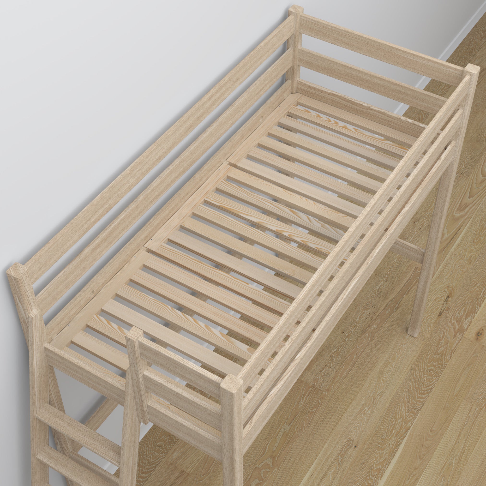 Lit mezzanine en chêne chêne blanchi – détails des assemblages et de l'échelle, Nizio Home