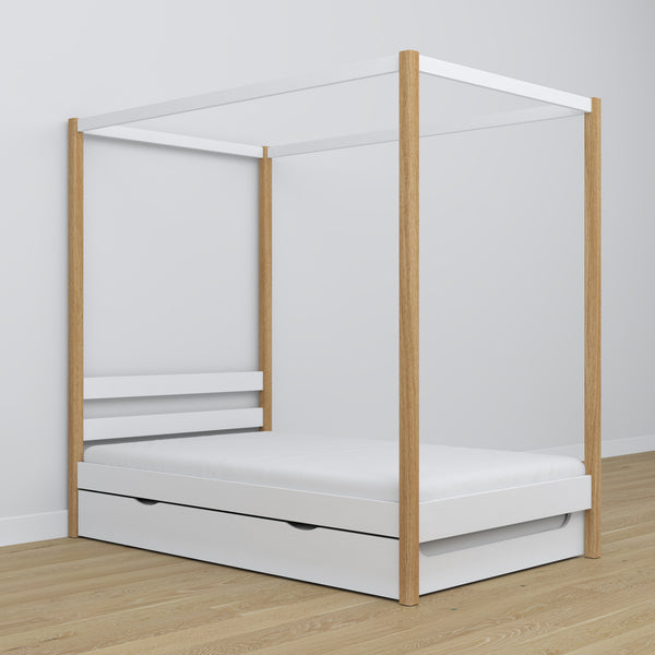 Łóżko biało-dębowy z baldachimem – szuflada na dodatkowy materac, drewniane