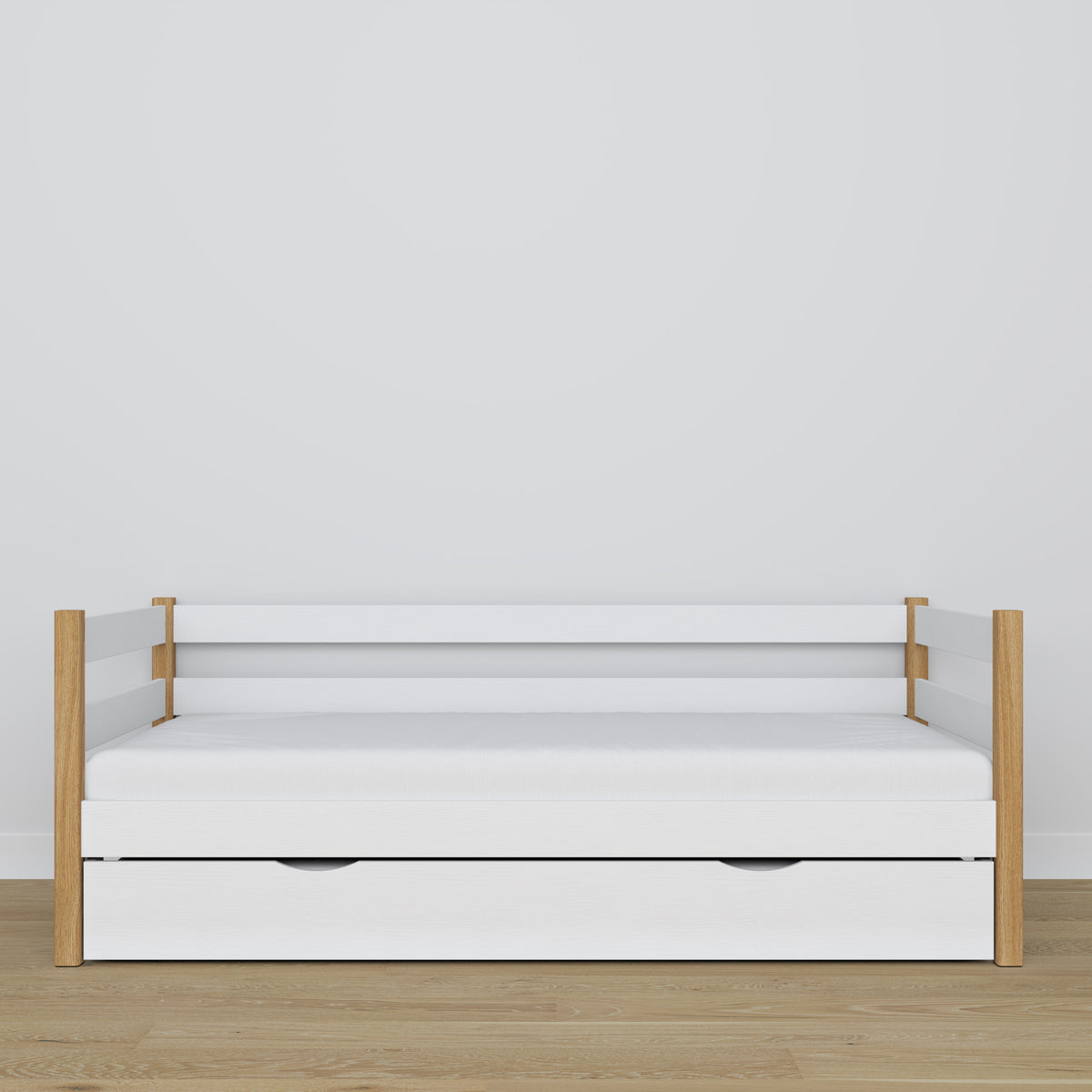 Łóżko sofa z szufladą na materac N01 biało dębowy – dodatkowy widok, ekologiczne drewno