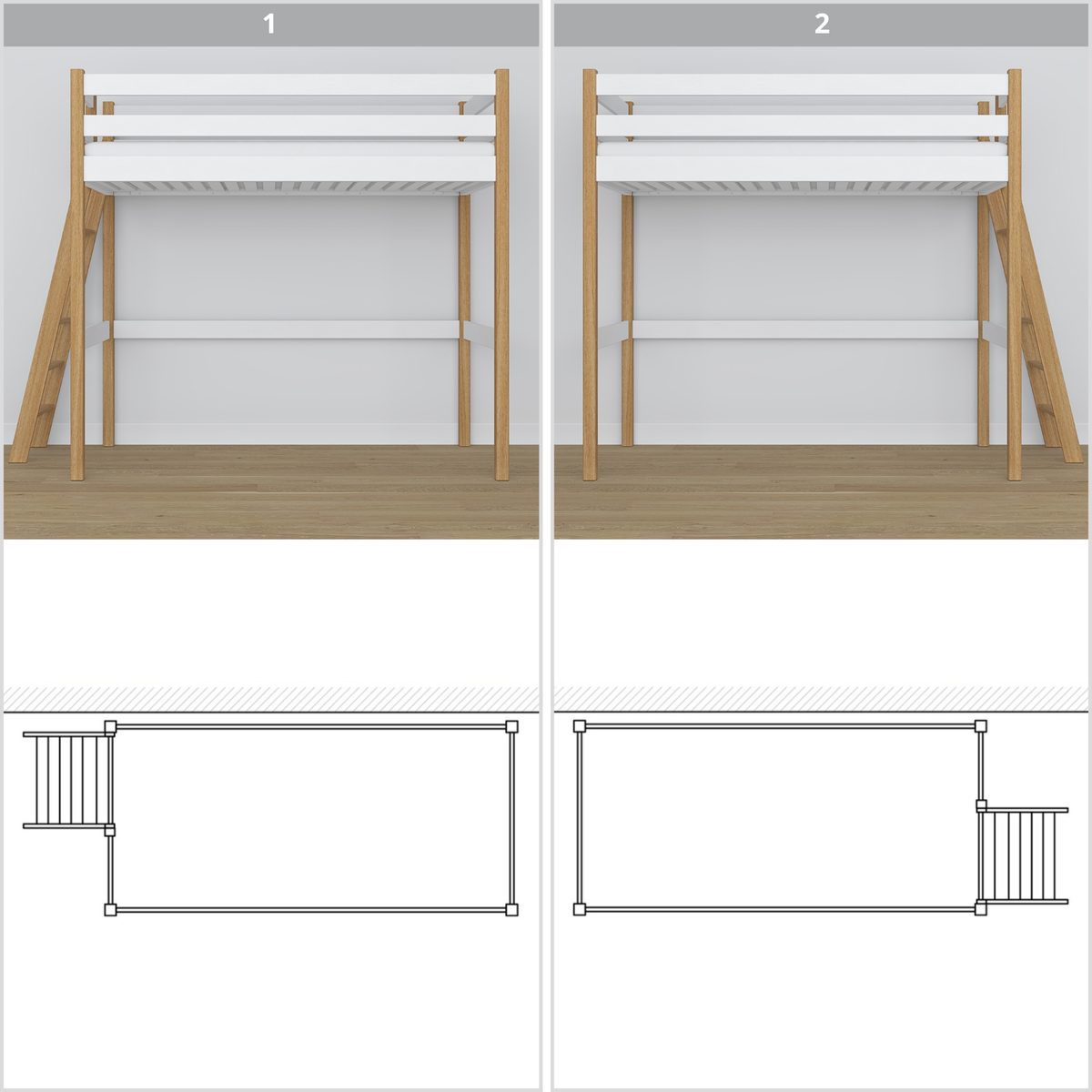 Lit mezzanine en bois blanc-chêne – vue du dessus na espace couchage