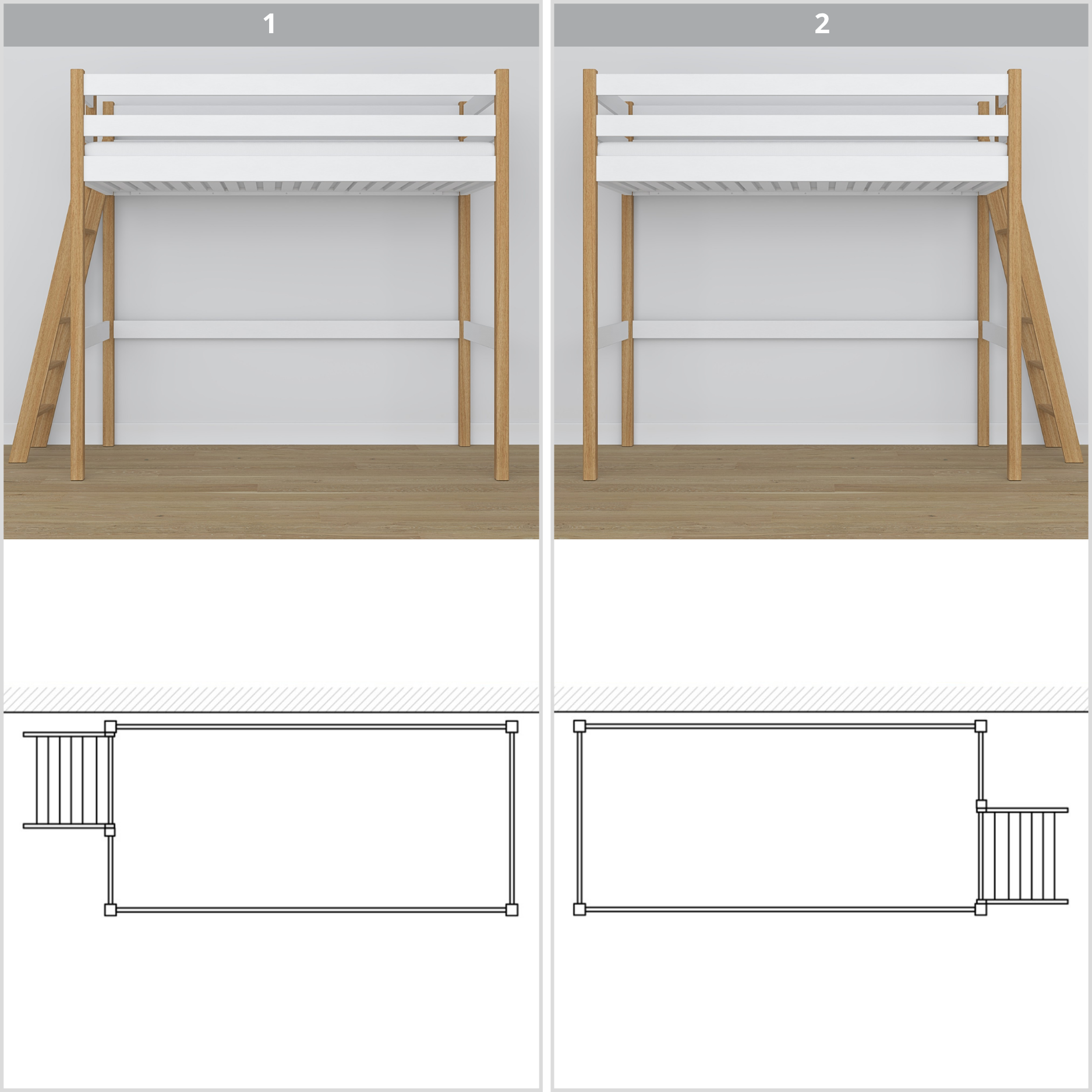 Lit mezzanine en bois blanc-chêne – vue du dessus na espace couchage