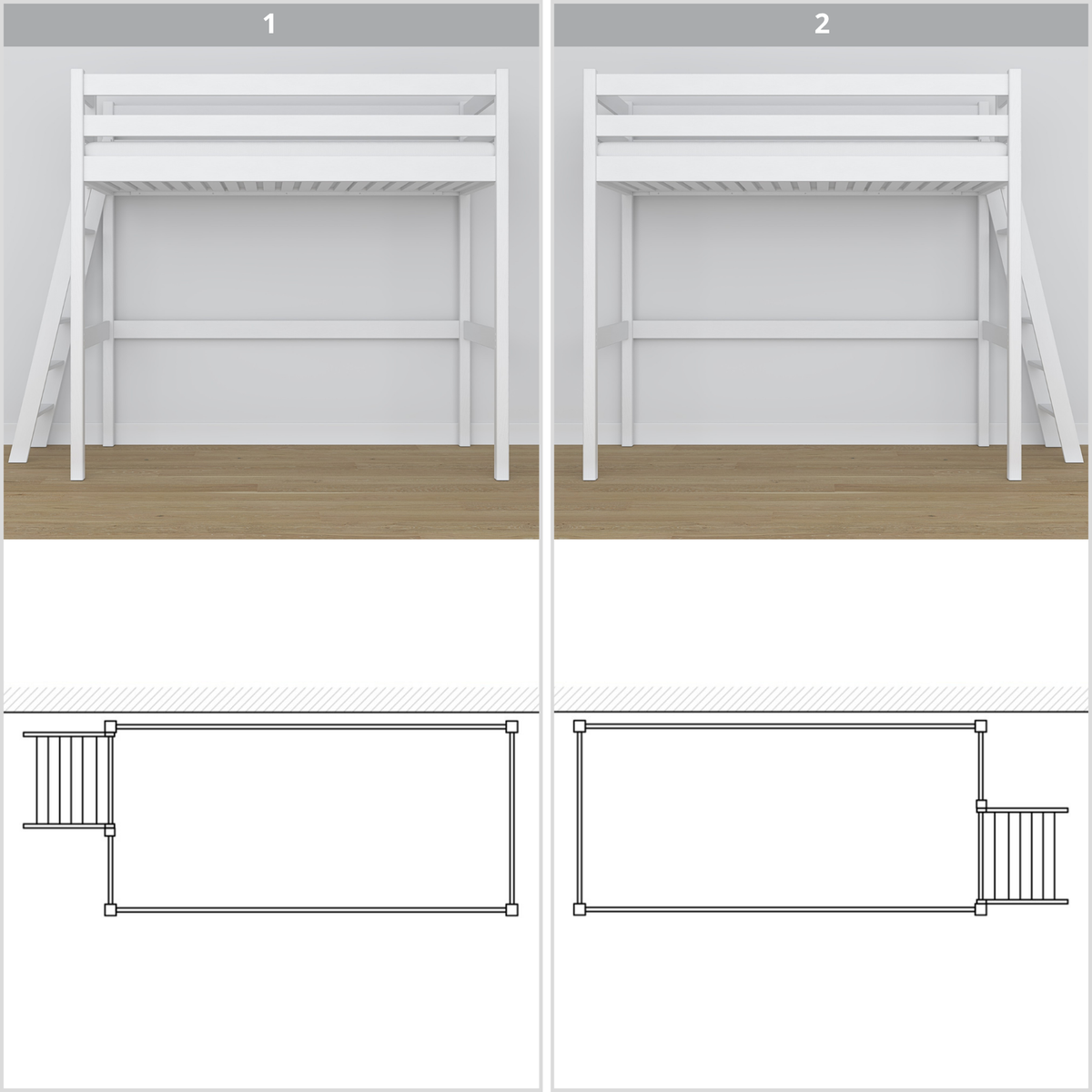 Lit mezzanine en bois blanc – vue du dessus na espace couchage