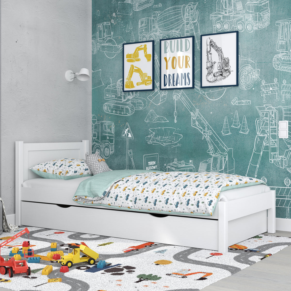 Lit simple avec tiroir en bois blanc – chambre d'enfant, style scandinave