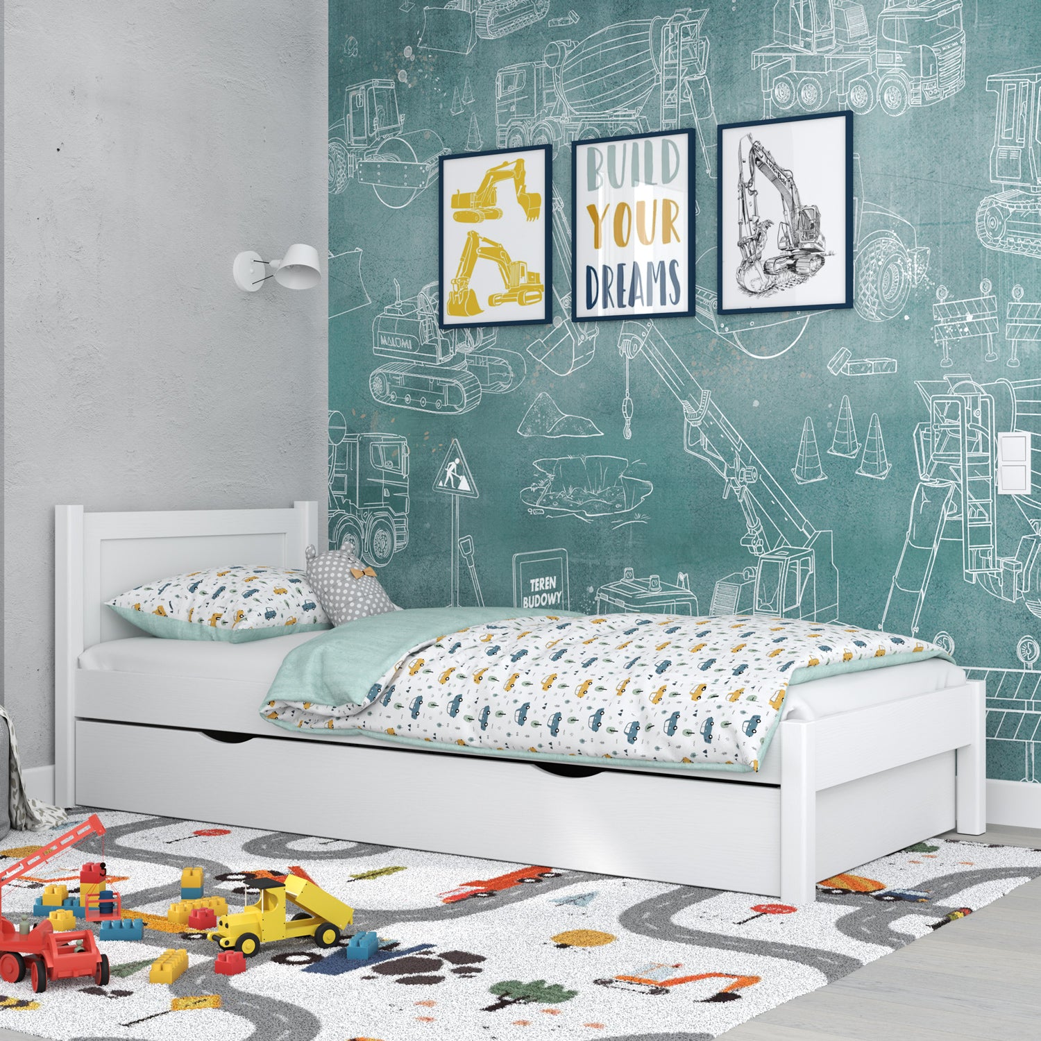 Lit simple avec tiroir en bois blanc – chambre d'enfant, style scandinave
