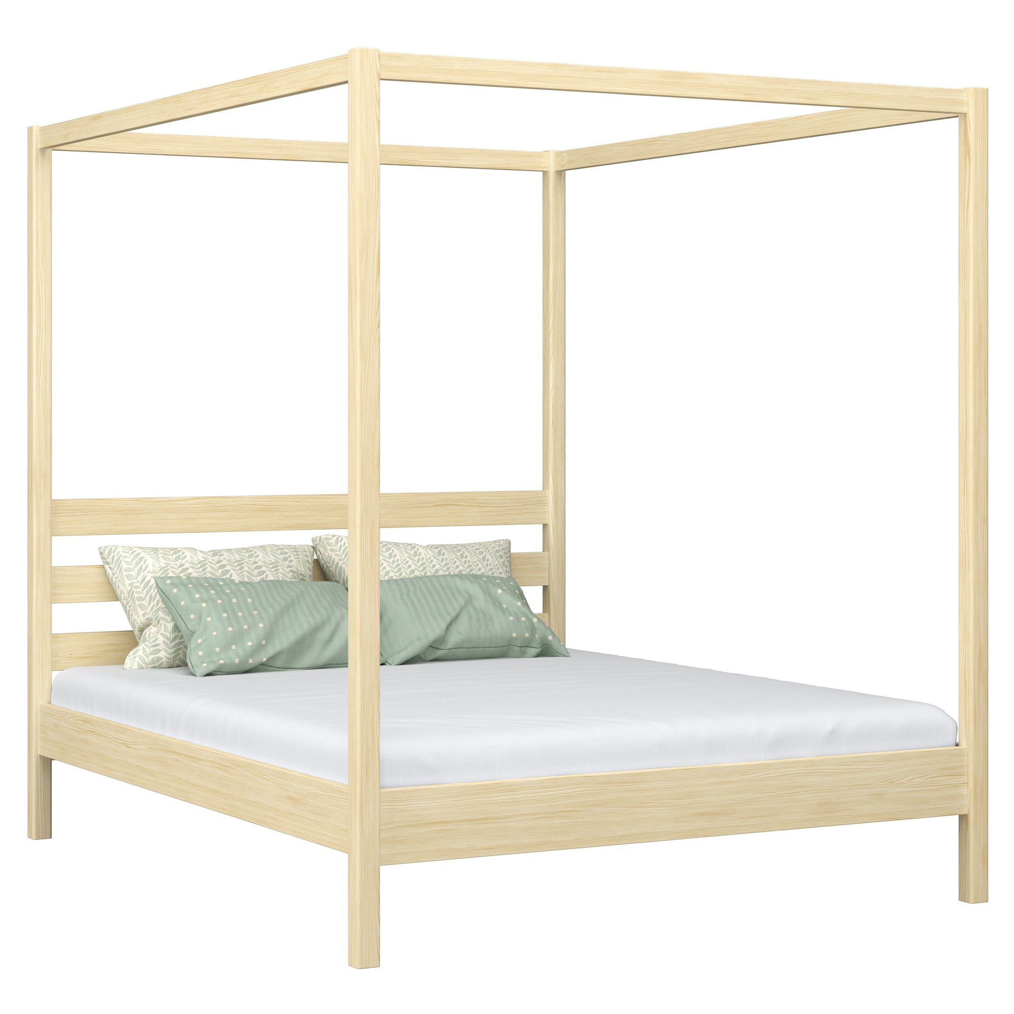 En bois lit double à baldaquin N01 pin incolore – vue générale, bois massif en pin
