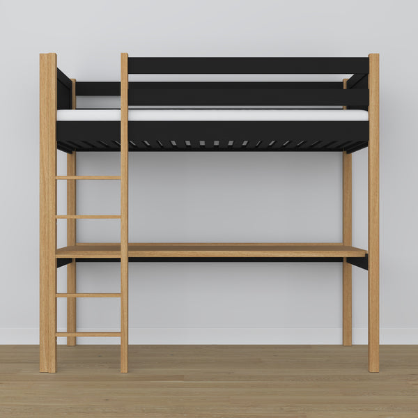 Loft bed black/oak with desk – study space under the sleeping area, wooden