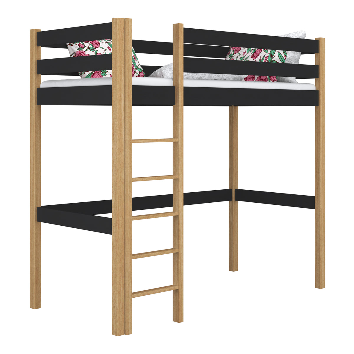 Lit mezzanine en bois noir-chêne – chambre d'enfant, bois massif, style scandinave