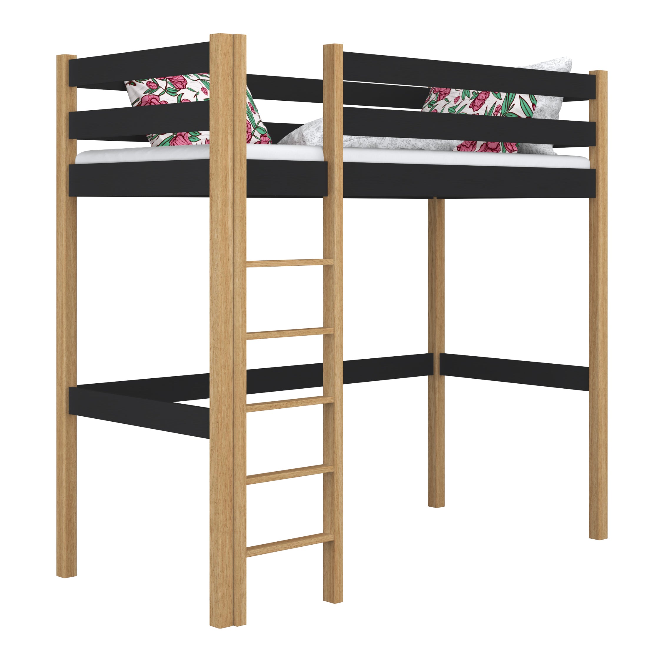 Lit mezzanine en bois noir-chêne – chambre d'enfant, bois massif, style scandinave