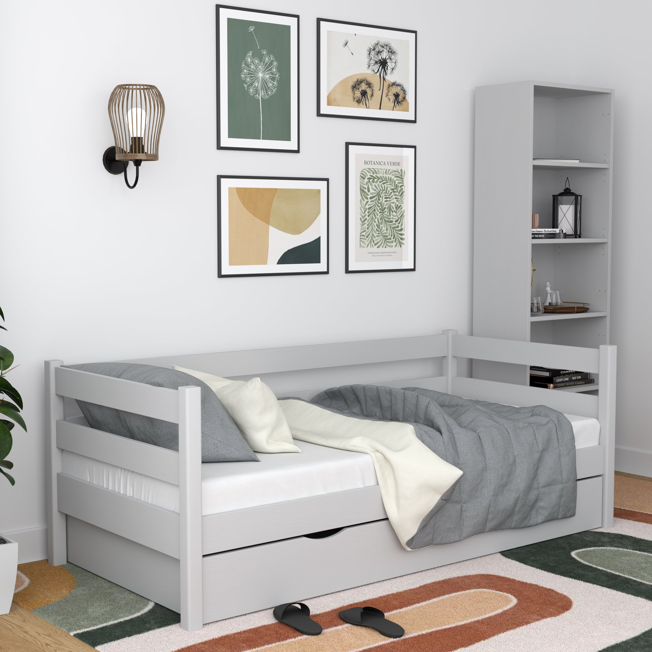 Sofa-lit gris – barrière latérale en bois, vue de côté, Nizio