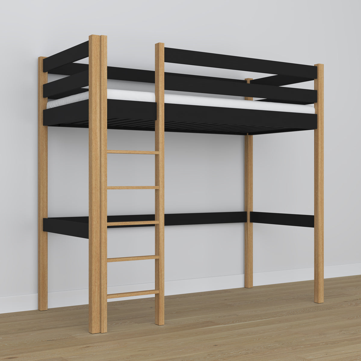 Lit mezzanine noir-chêne en bois – dimensions et schéma, Nizio