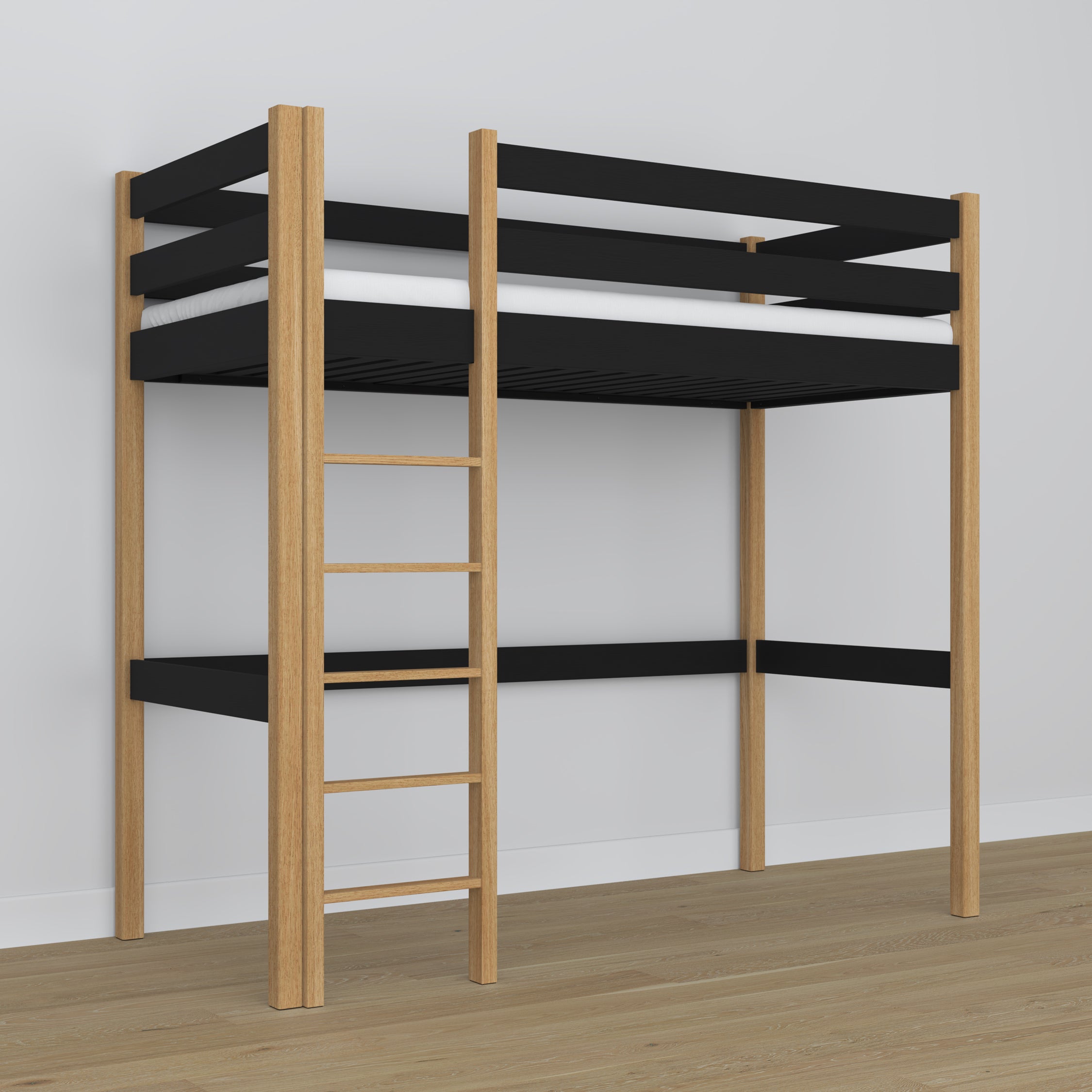 Lit mezzanine noir-chêne en bois – dimensions et schéma, Nizio